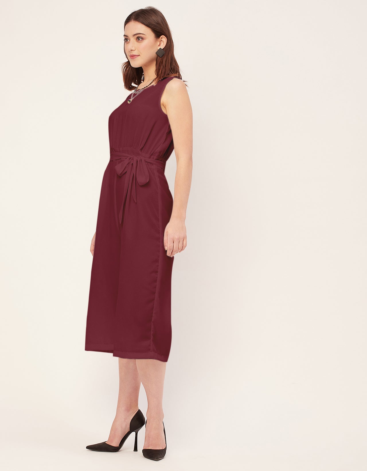Elegant Solid Georgette Sleeveless quarter sleeve Jumpsuit