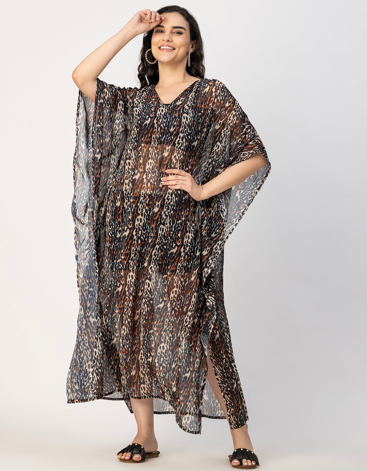 Kimono Sleeves V Neck Kaftan Printed Rayon