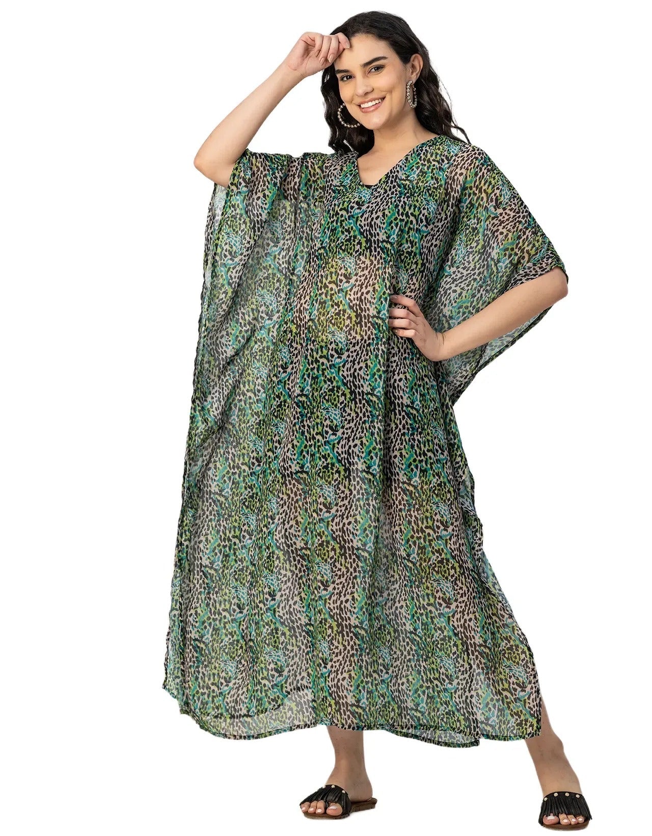 Kimono Sleeves V Neck Kaftan Printed Rayon