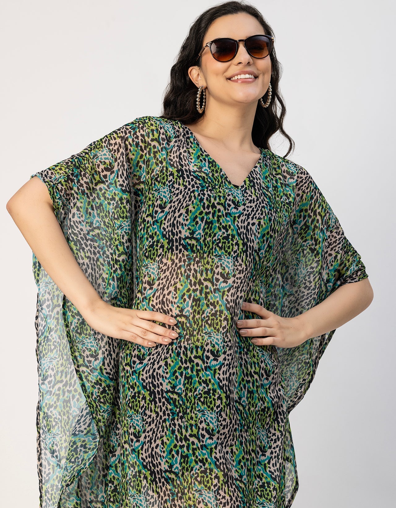 Kimono Sleeves V Neck Kaftan Printed Rayon