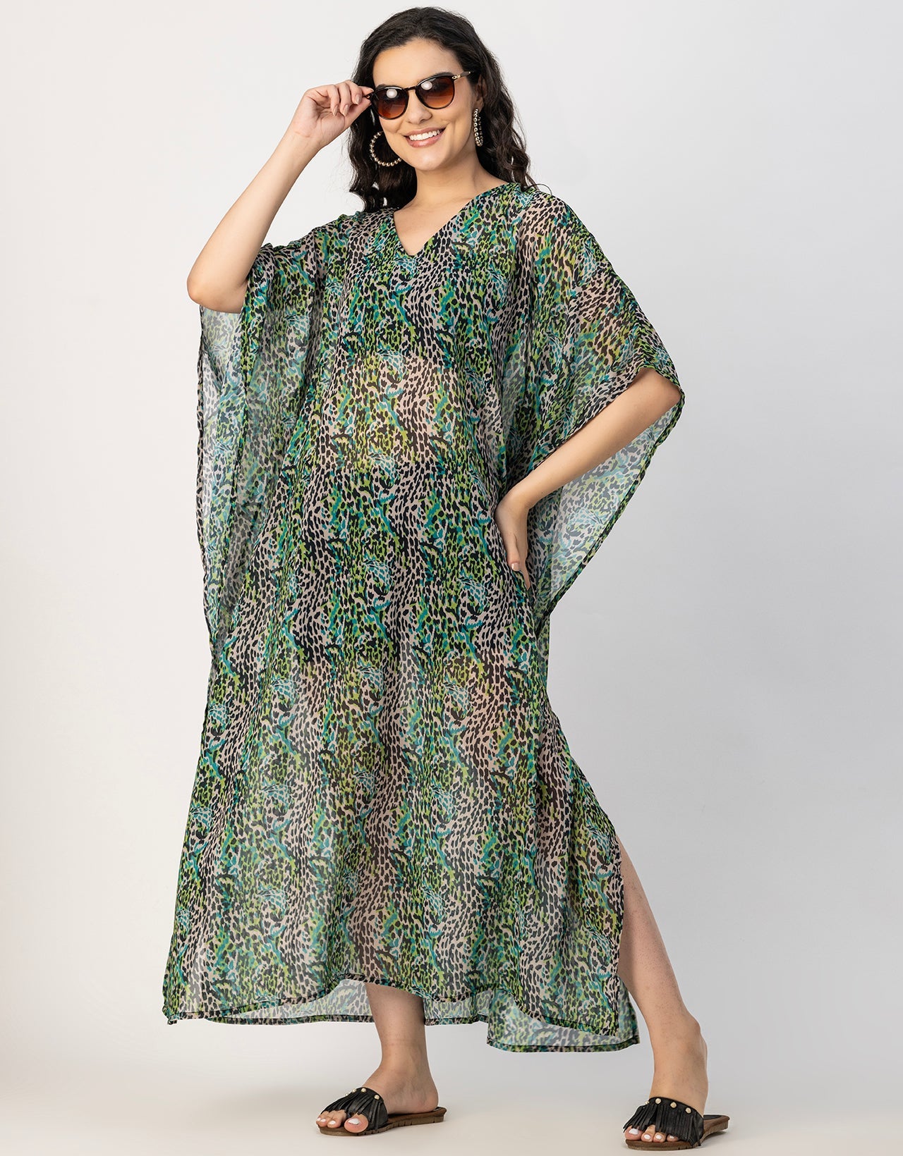 Kimono Sleeves V Neck Kaftan Printed Rayon