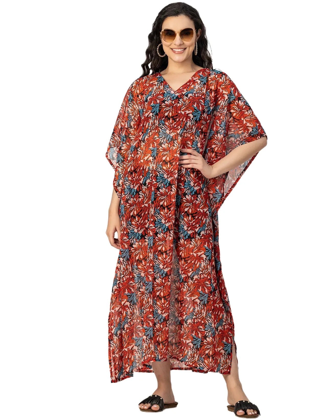 Kimono Sleeves V Neck Kaftan Printed Rayon