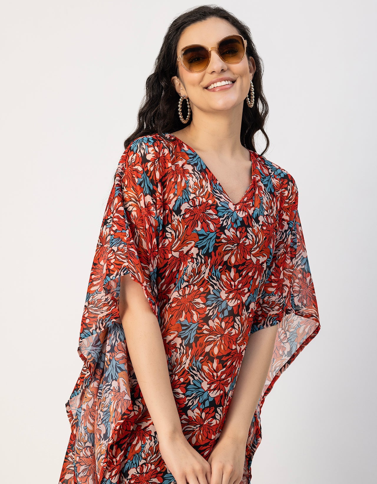 Kimono Sleeves V Neck Kaftan Printed Rayon
