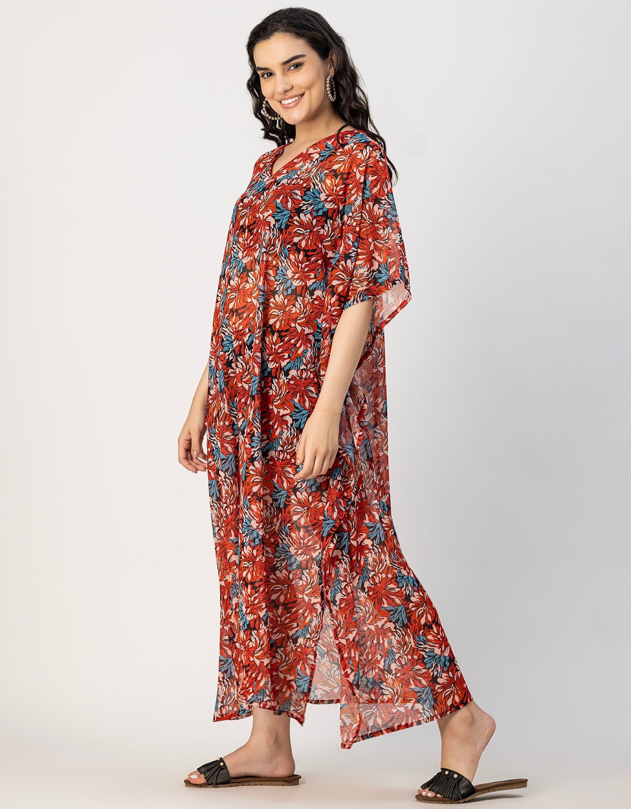 Kimono Sleeves V Neck Kaftan Printed Rayon