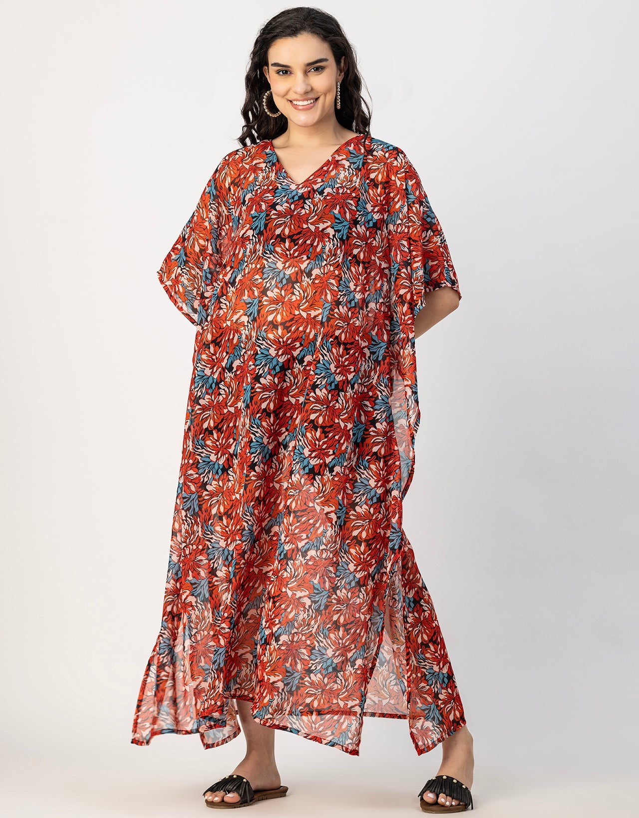 Kimono Sleeves V Neck Kaftan Printed Rayon