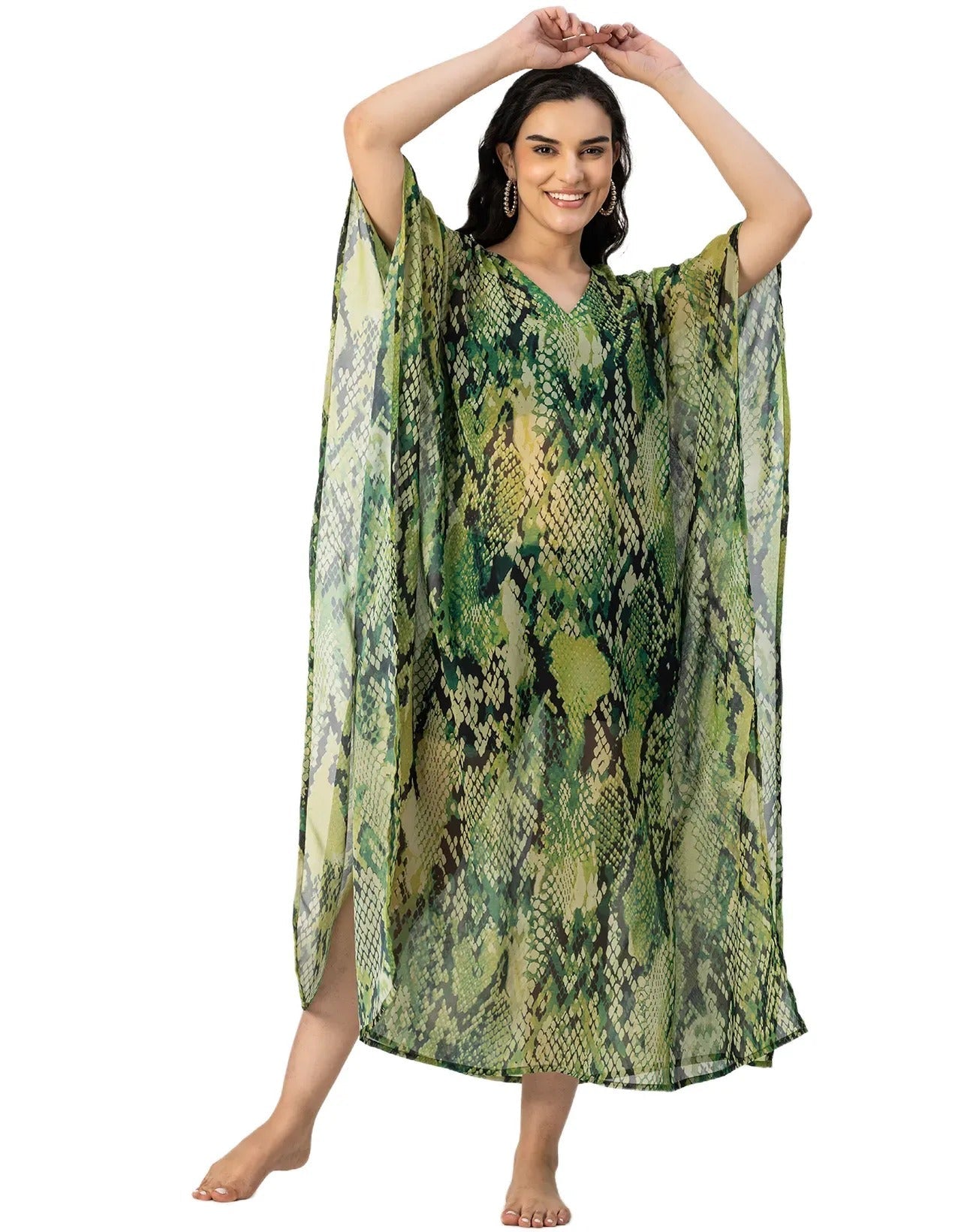 Kimono Sleeves V Neck Kaftan Printed Rayon