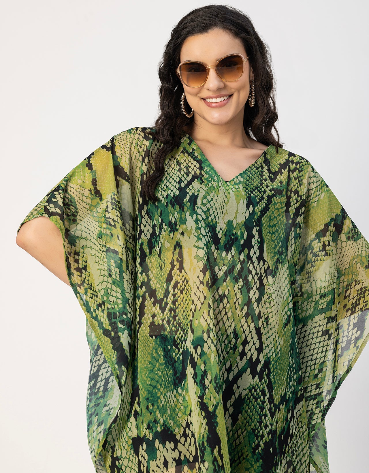 Kimono Sleeves V Neck Kaftan Printed Rayon