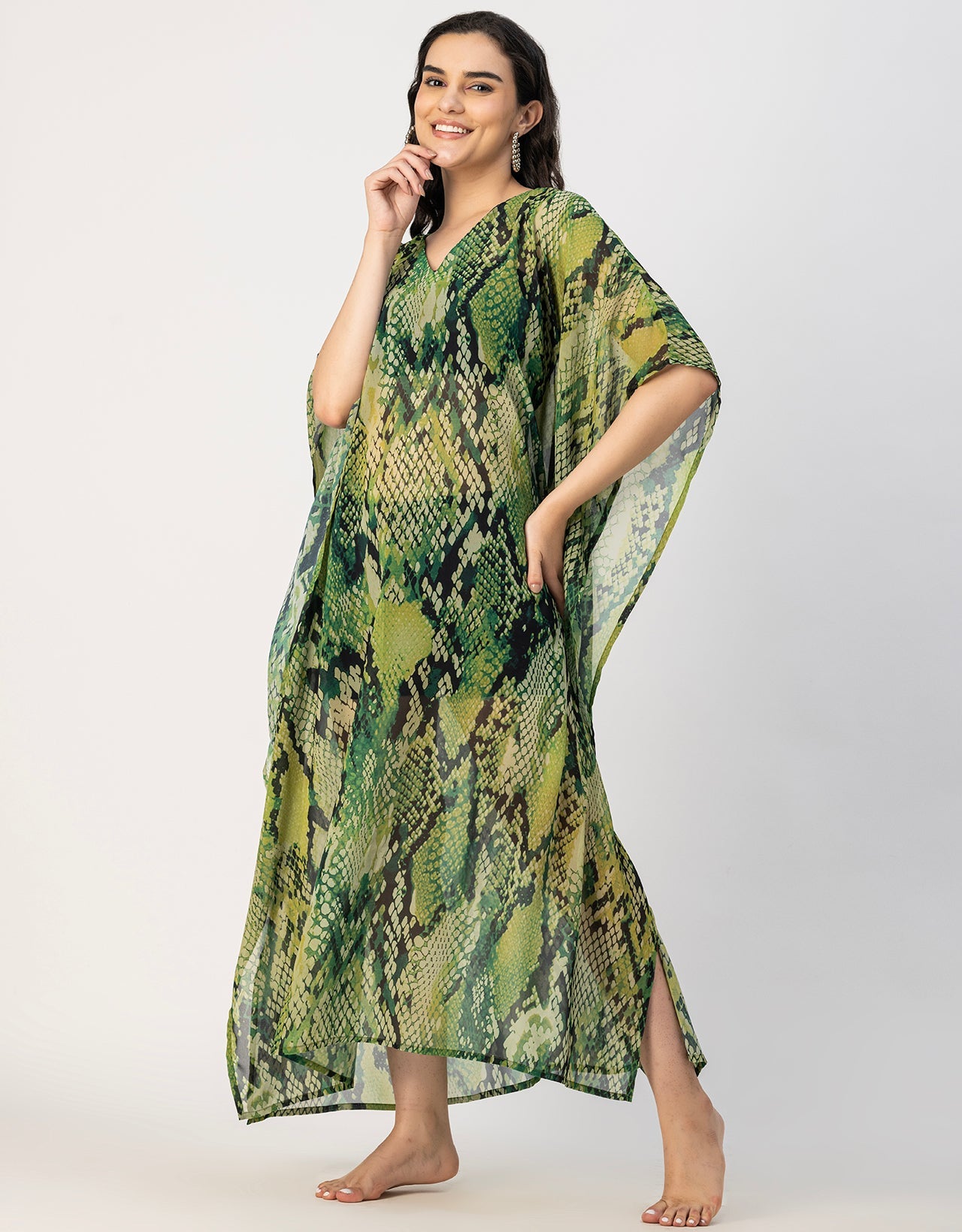 Kimono Sleeves V Neck Kaftan Printed Rayon