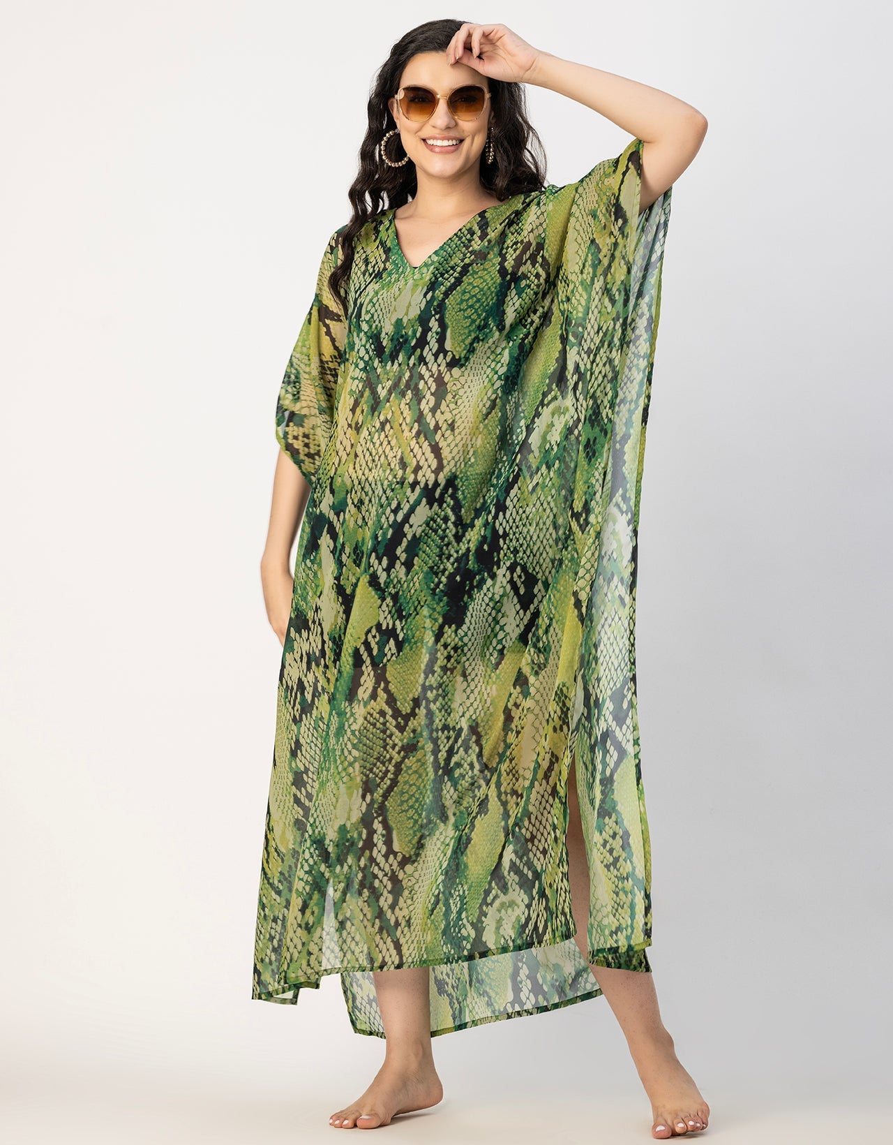Kimono Sleeves V Neck Kaftan Printed Rayon