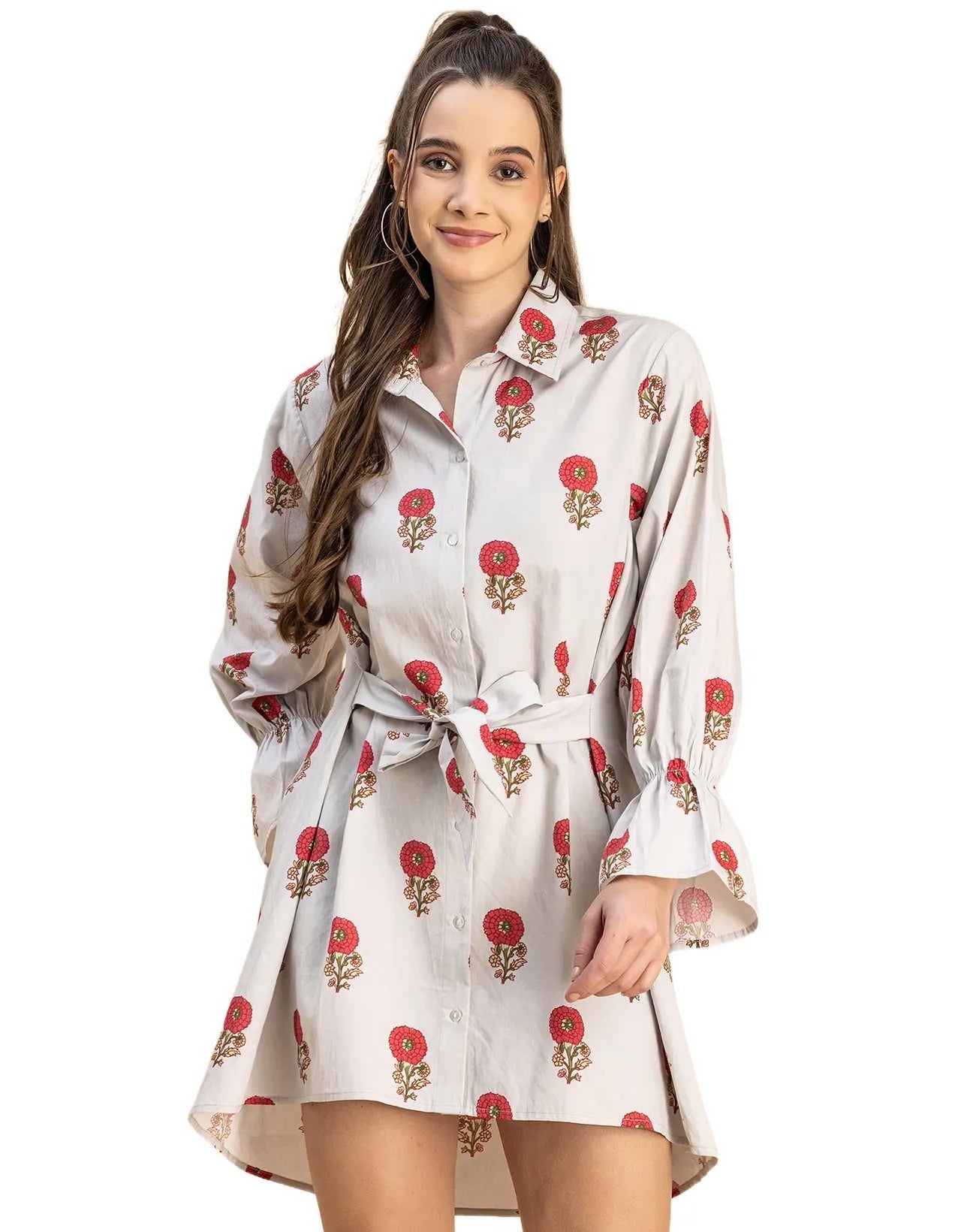 Spread Collar Shirt Cotton Dress