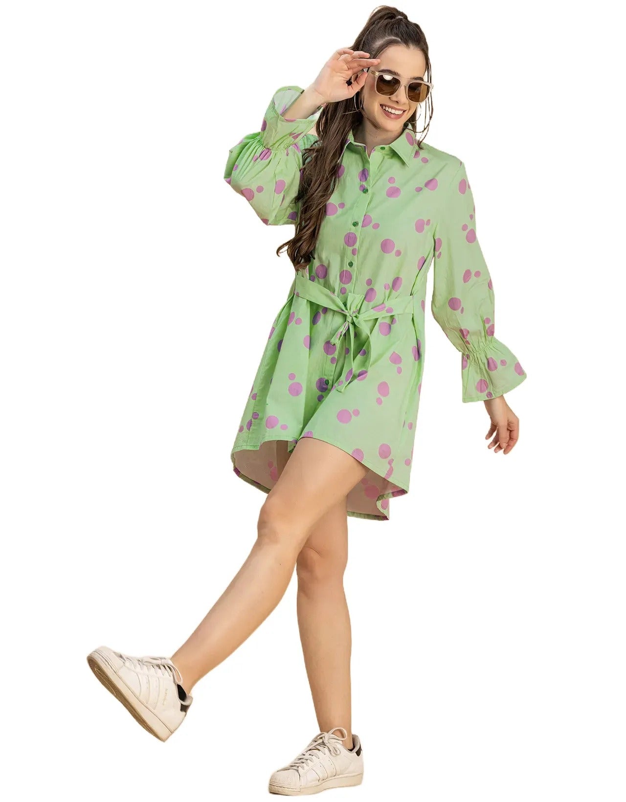 Spread Collar Shirt Cotton Dress