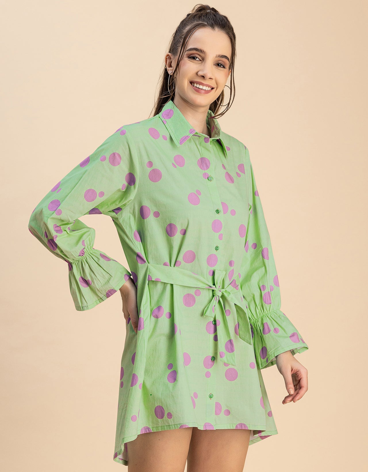 Spread Collar Shirt Cotton Dress