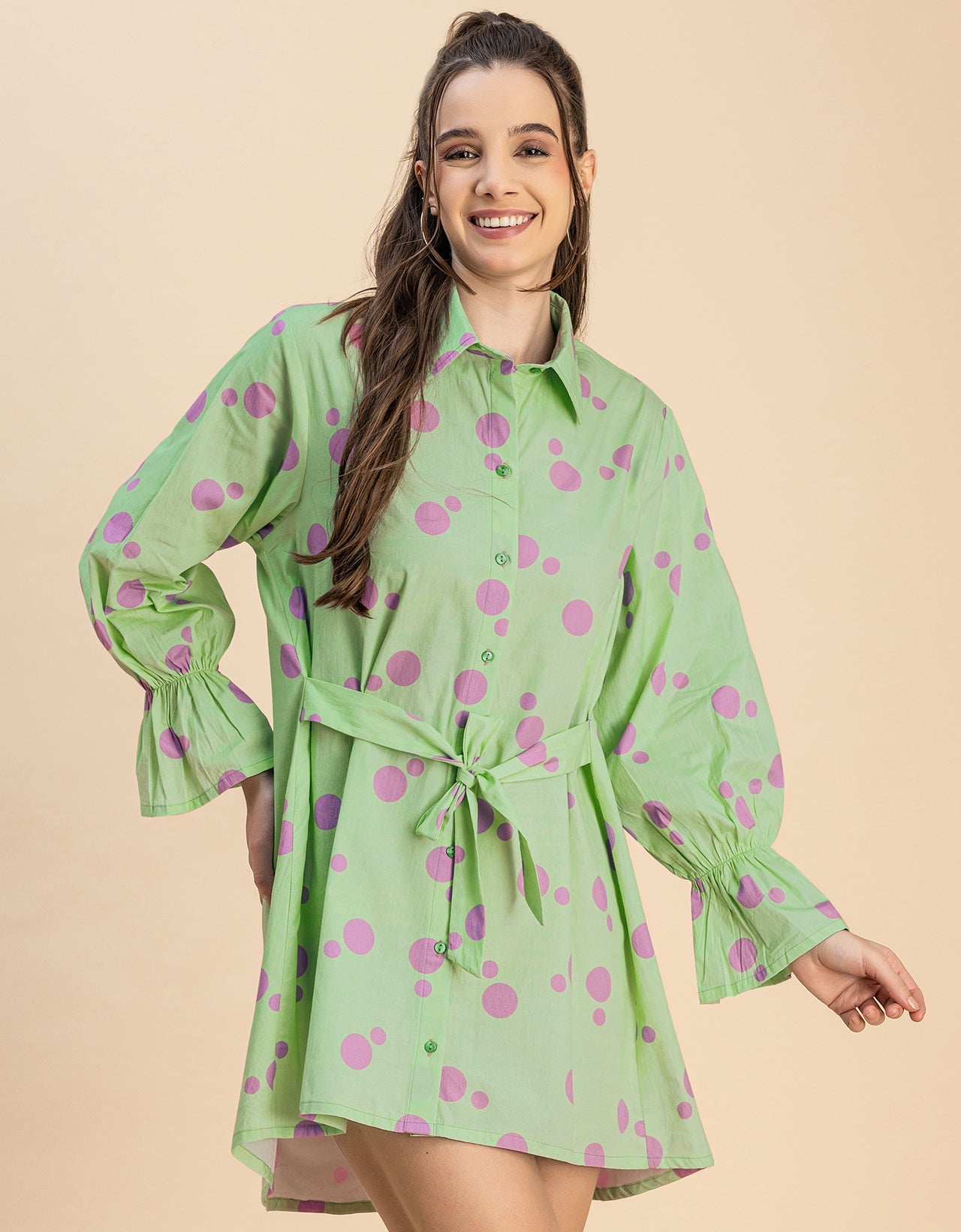 Spread Collar Shirt Cotton Dress