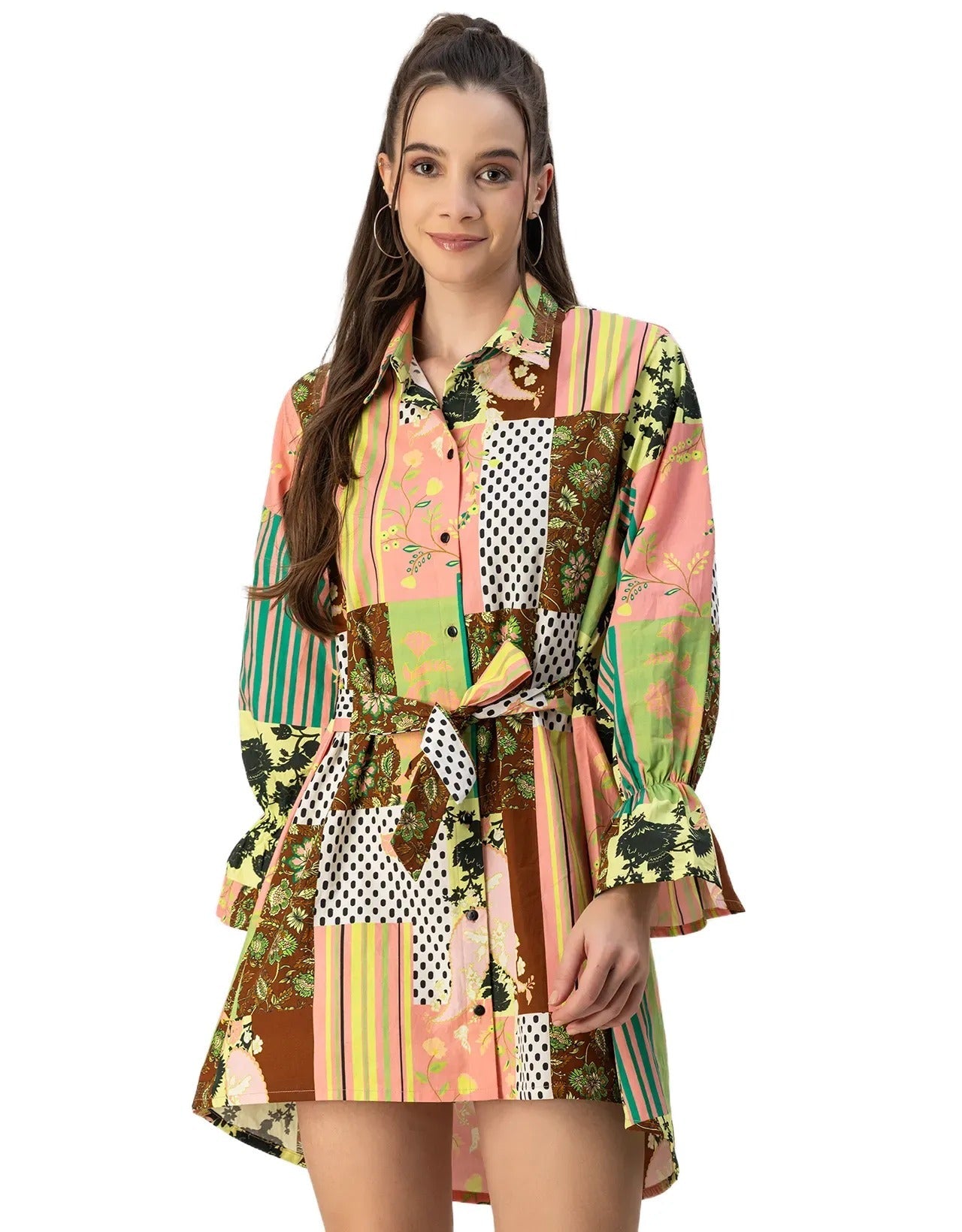 Spread Collar Shirt Cotton Dress