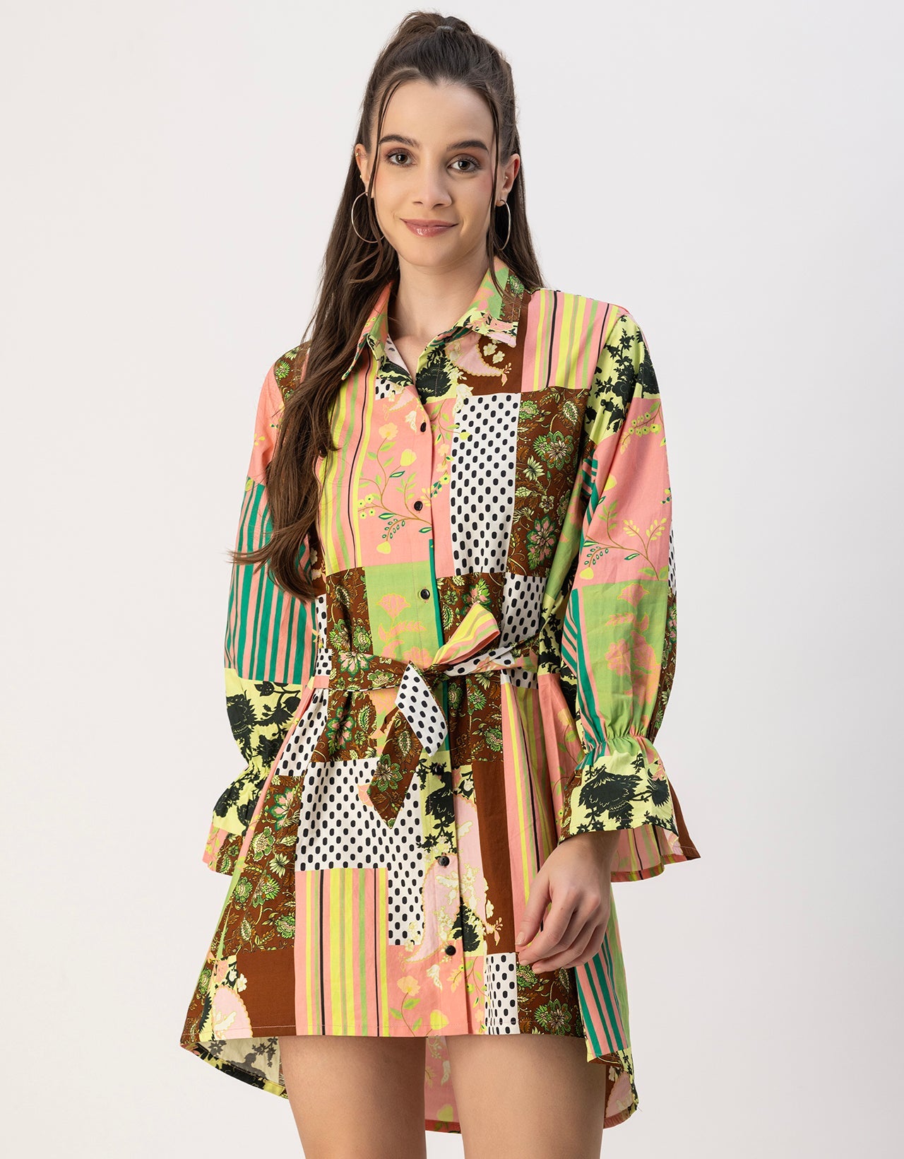 Spread Collar Shirt Cotton Dress