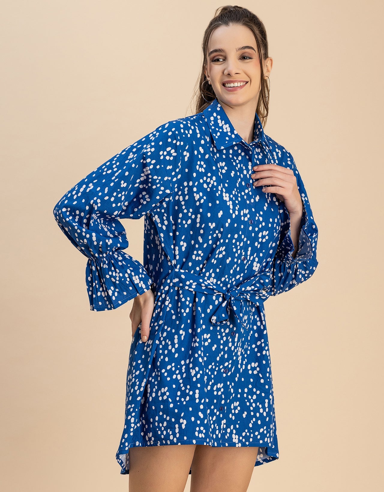 Spread Collar Shirt Cotton Dress