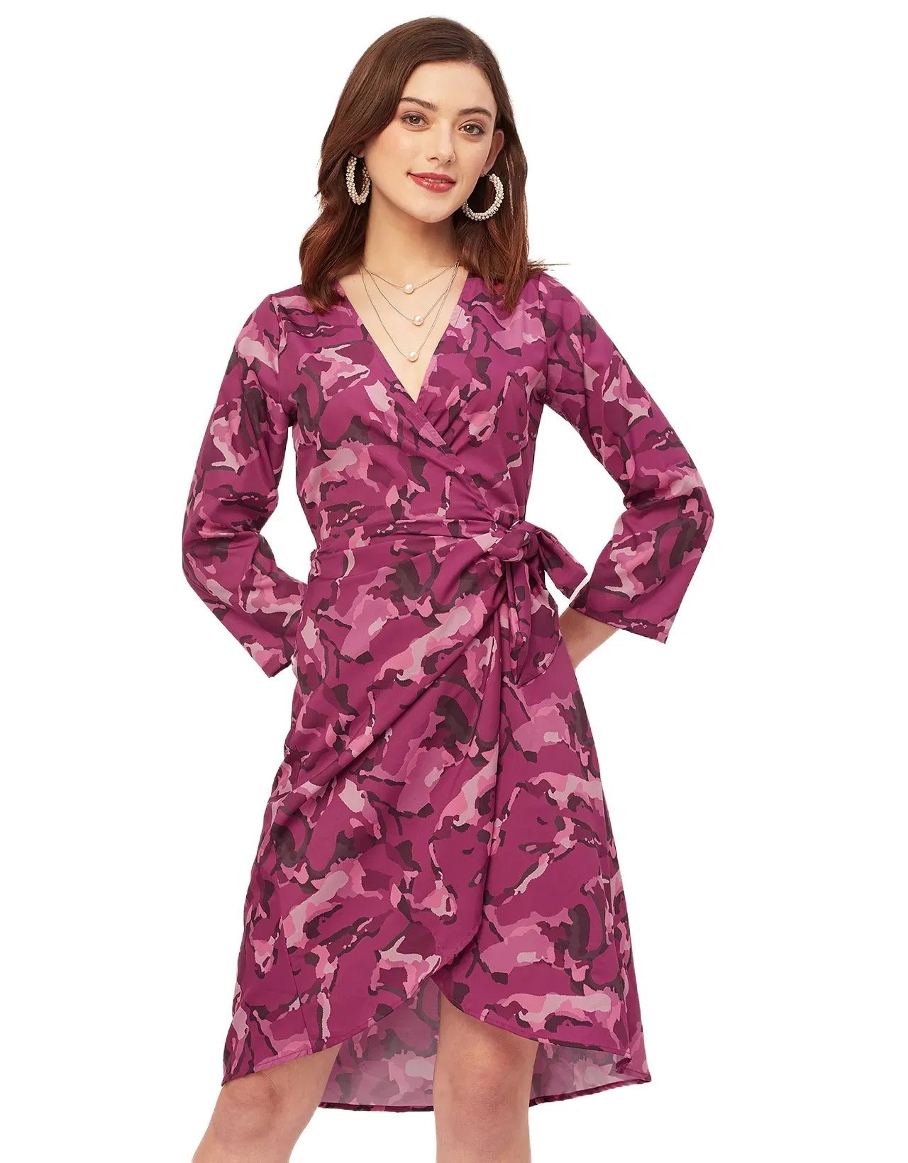 Long Sleeve V Neck Wrap Printed Dress