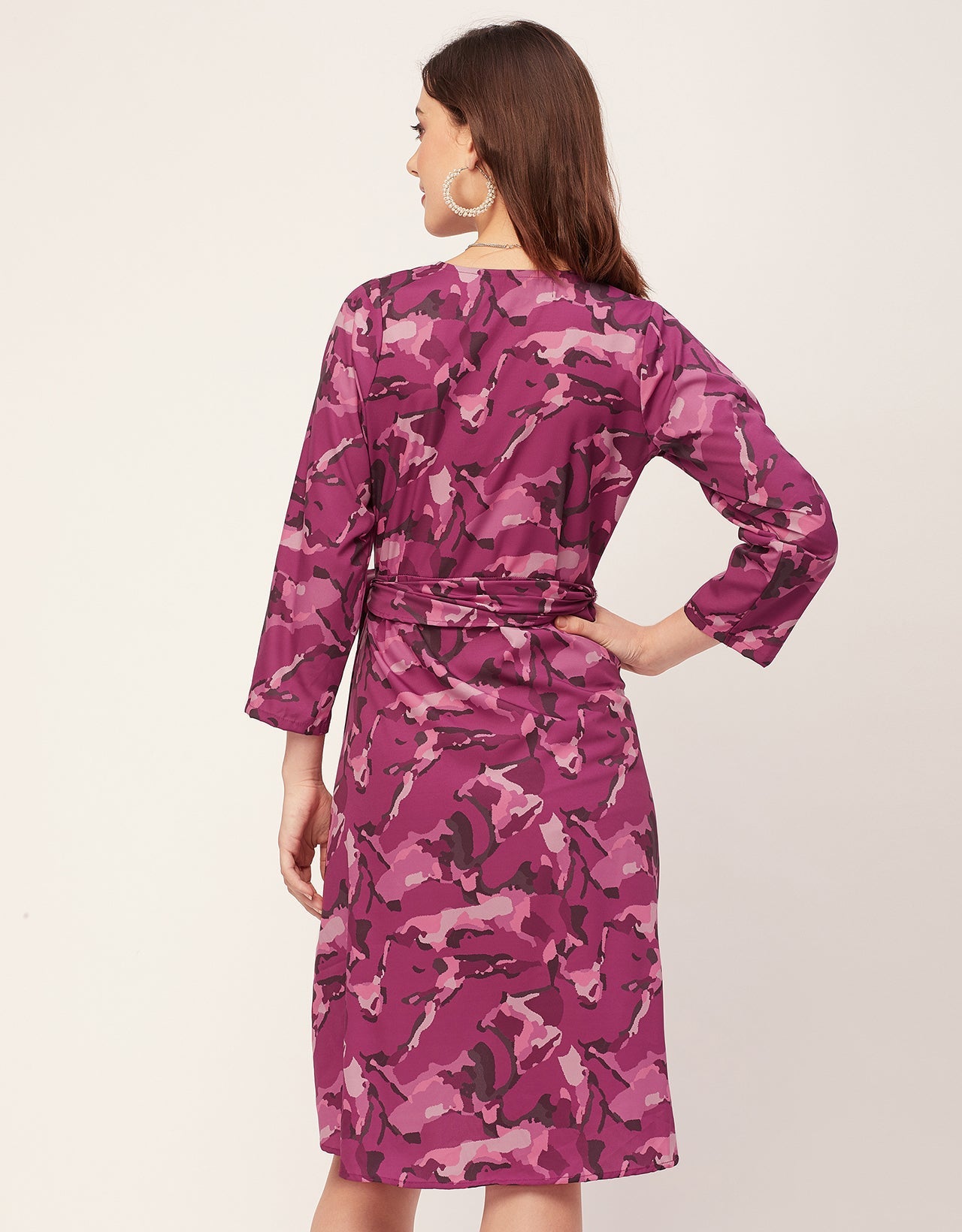 Long Sleeve V Neck Wrap Printed Dress