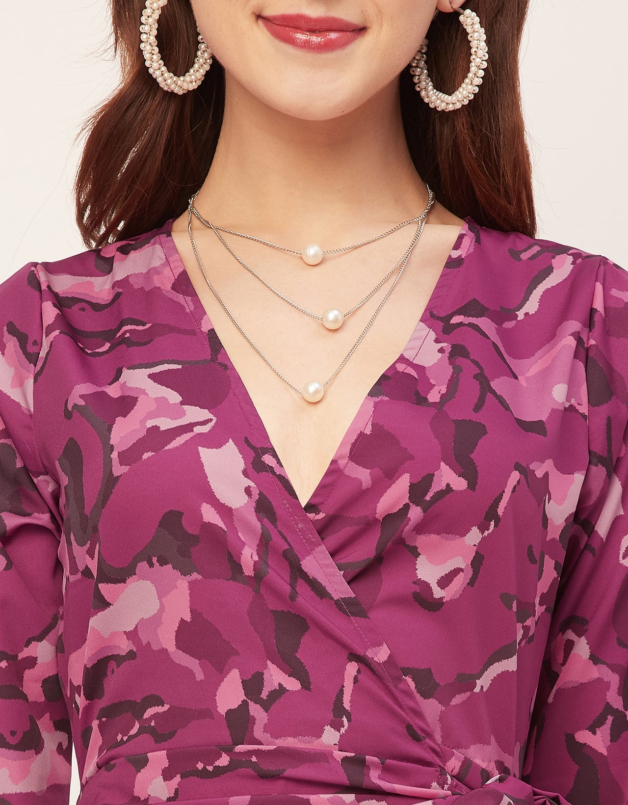 Long Sleeve V Neck Wrap Printed Dress