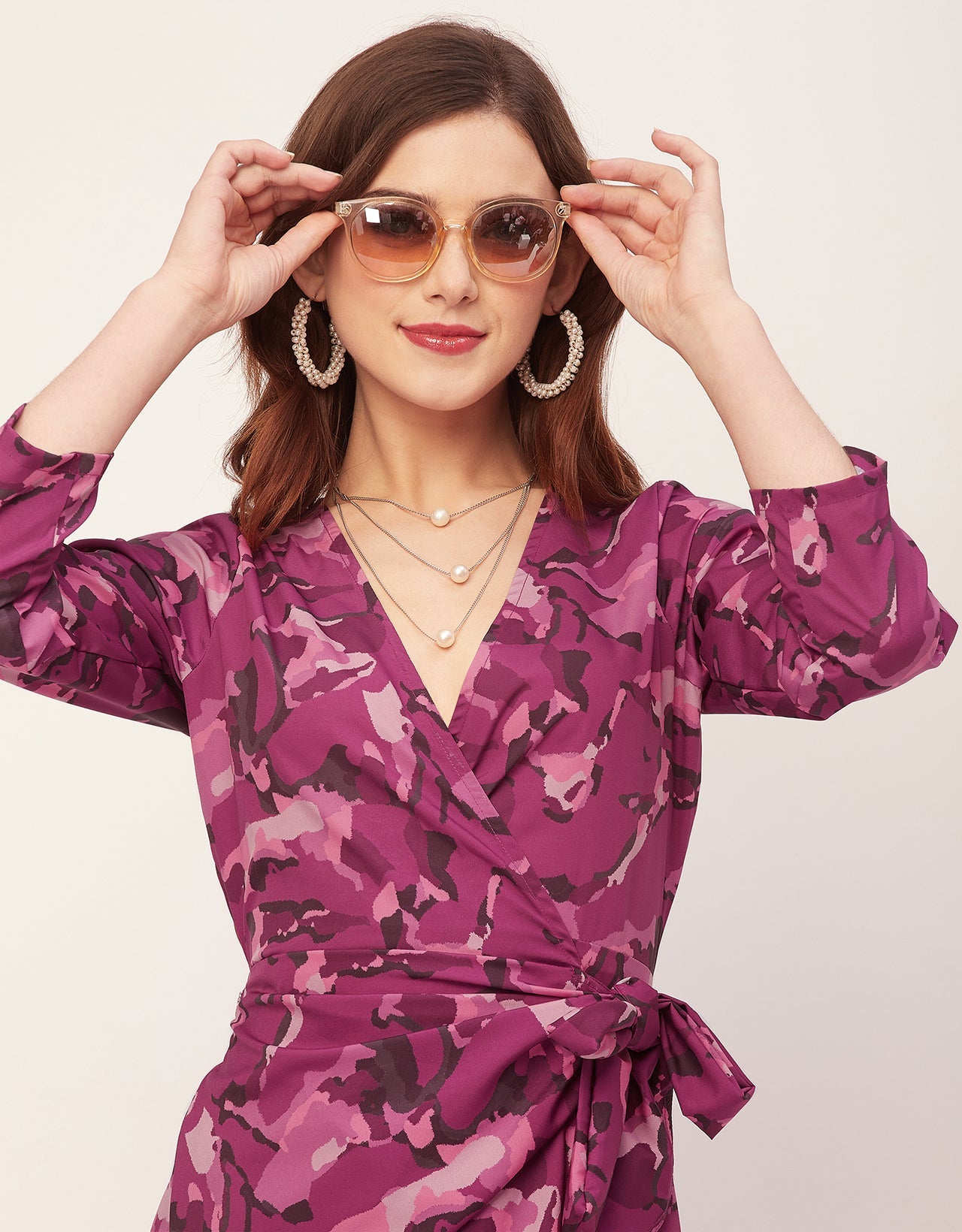 Long Sleeve V Neck Wrap Printed Dress