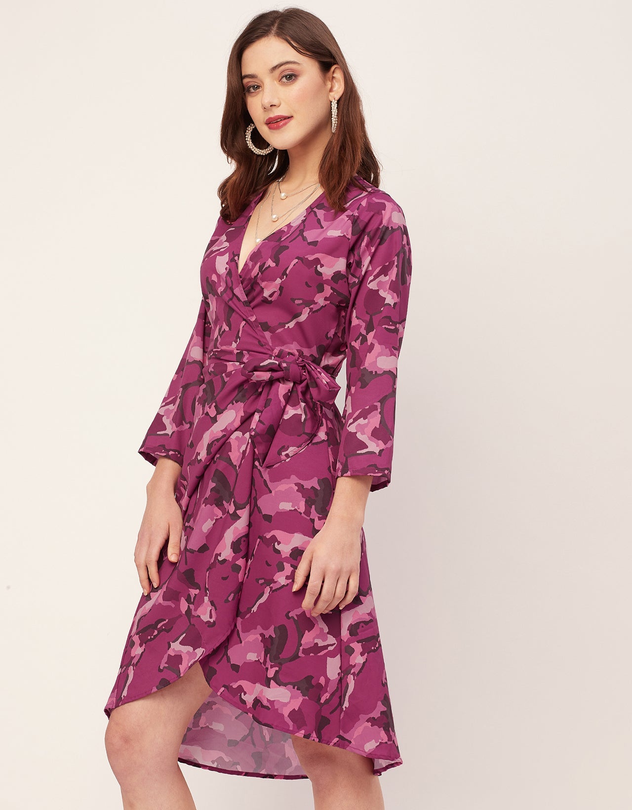 Long Sleeve V Neck Wrap Printed Dress