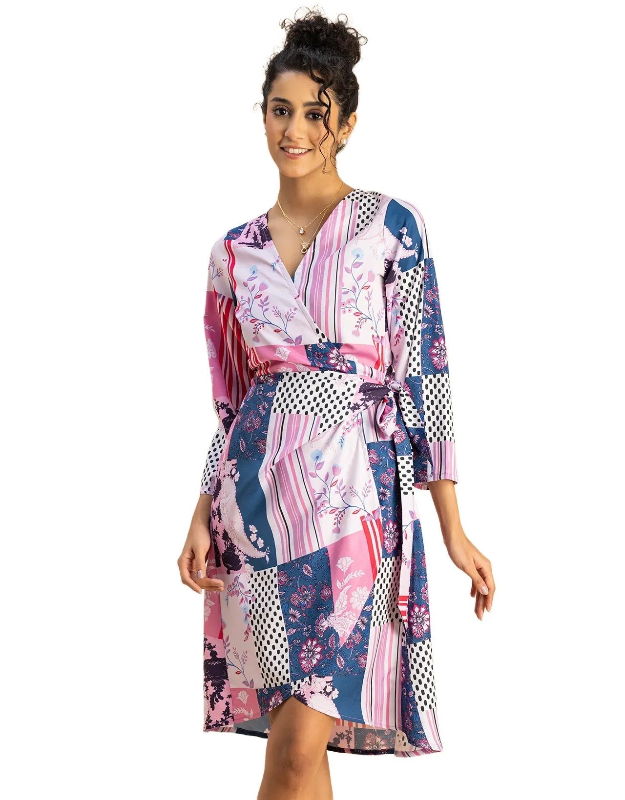 Long Sleeve V Neck Wrap Printed Dress