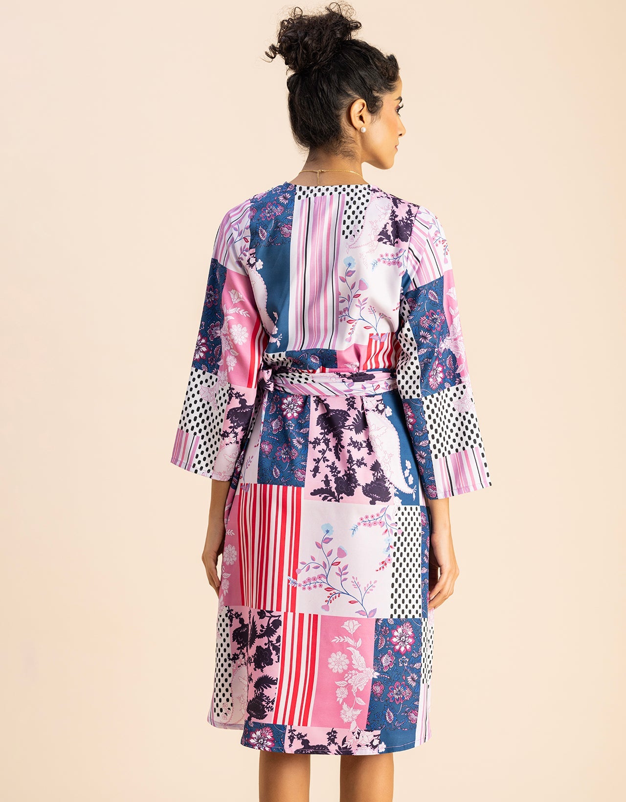 Long Sleeve V Neck Wrap Printed Dress
