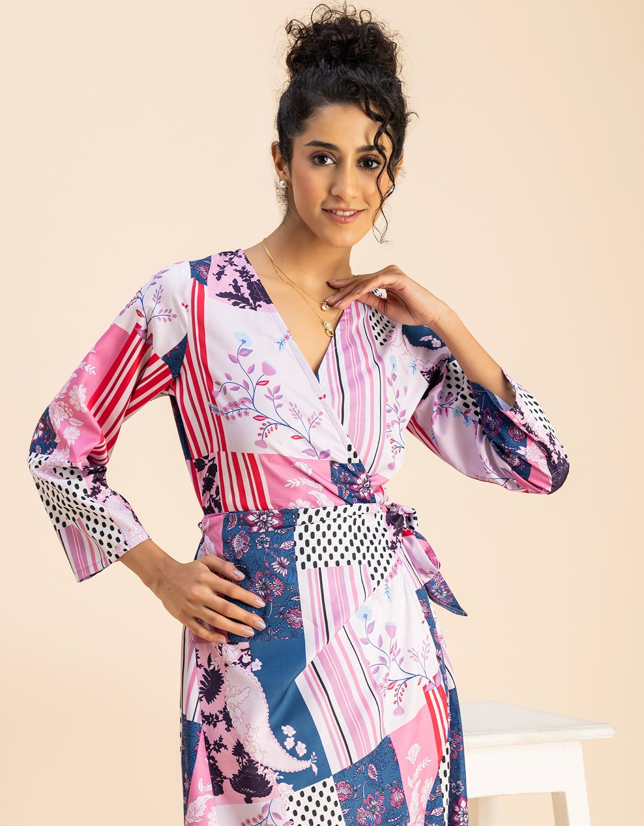 Long Sleeve V Neck Wrap Printed Dress