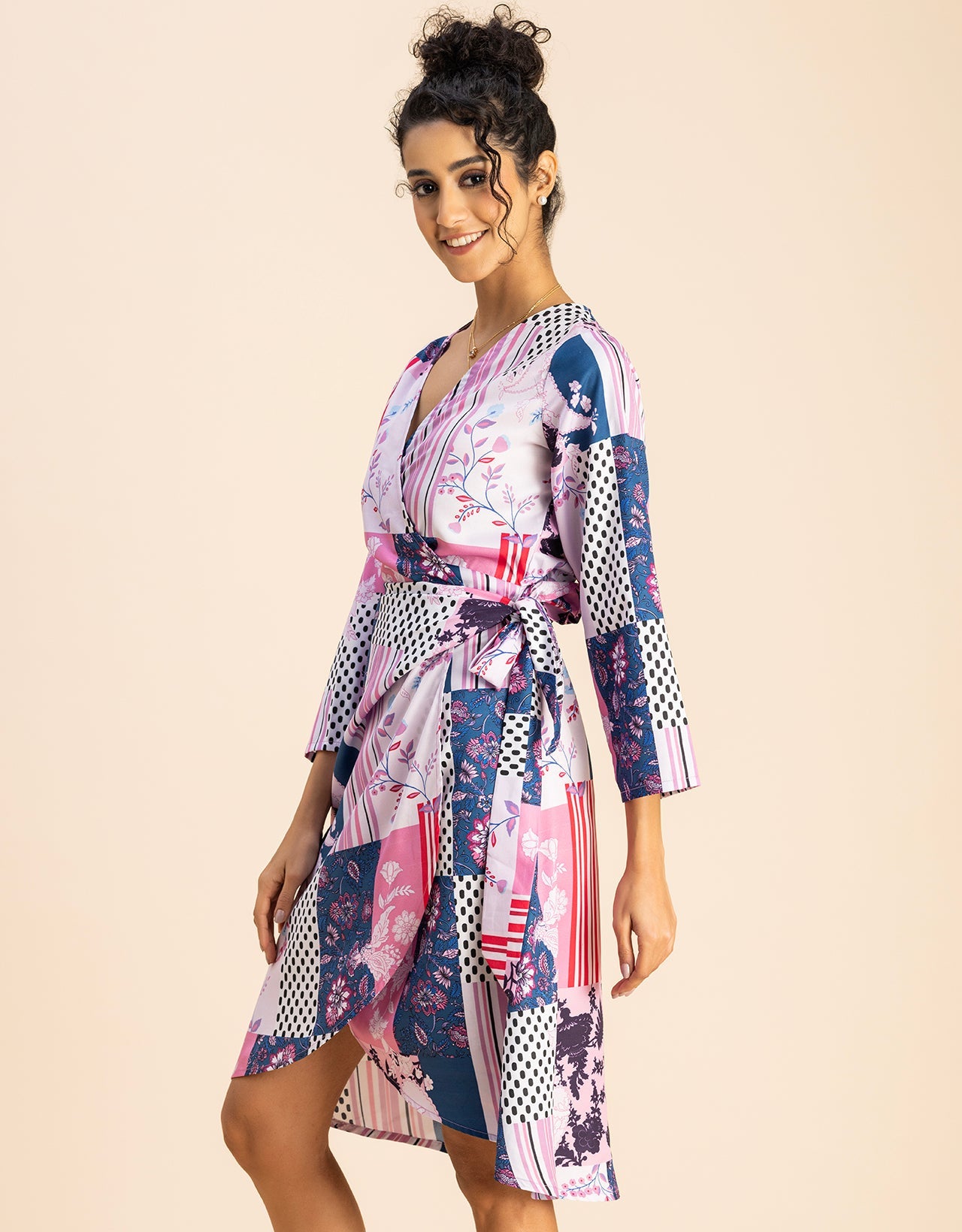 Long Sleeve V Neck Wrap Printed Dress