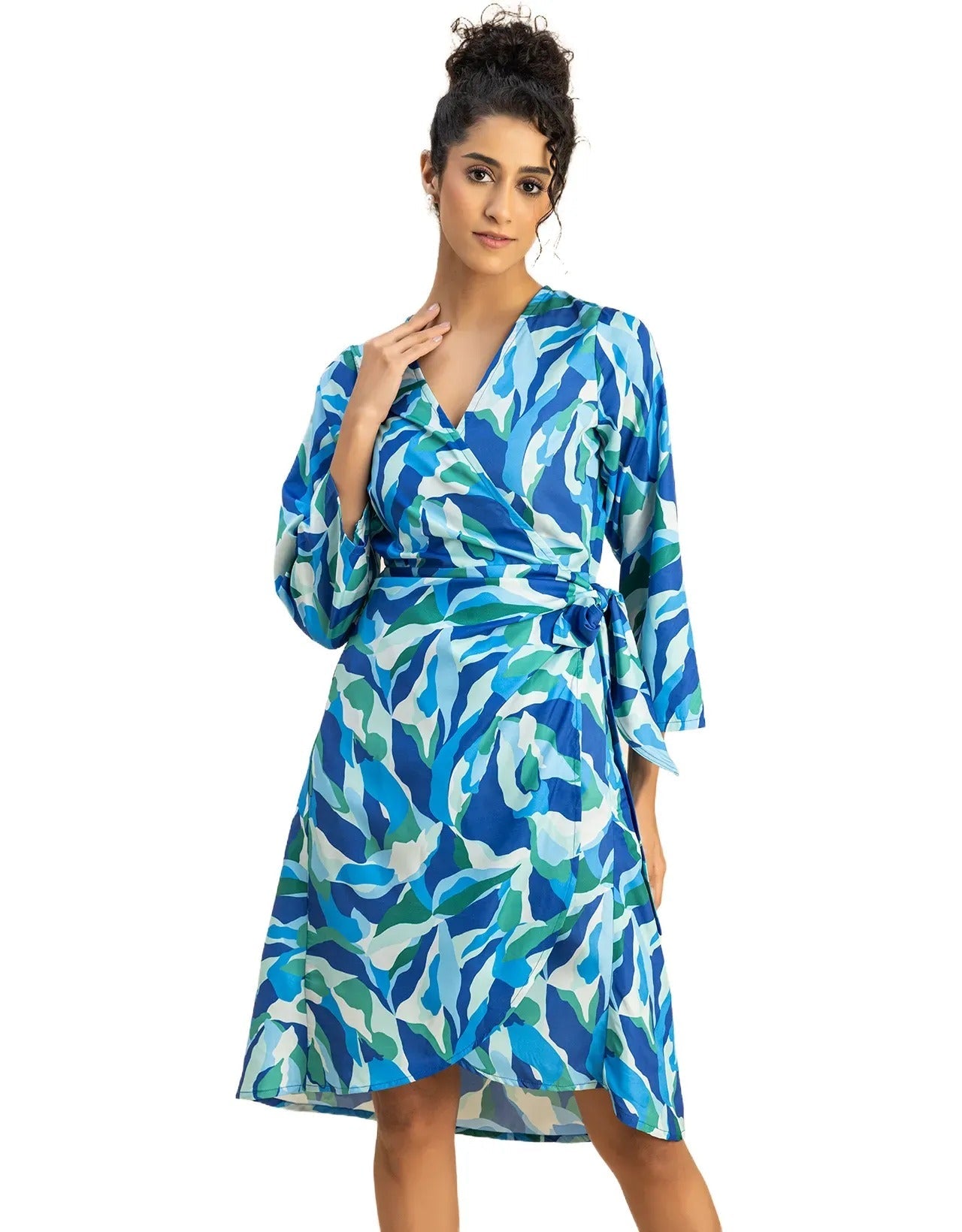 Long Sleeve V Neck Wrap Printed Dress