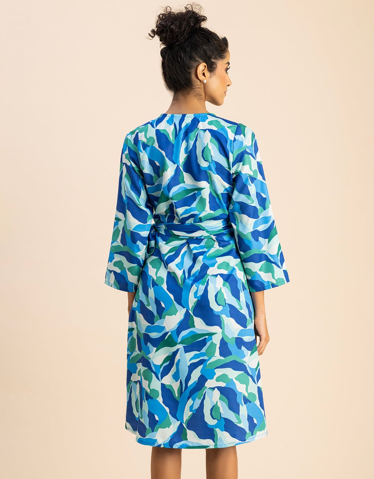 Long Sleeve V Neck Wrap Printed Dress