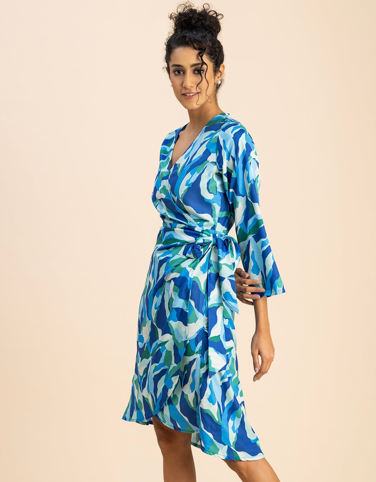 Long Sleeve V Neck Wrap Printed Dress
