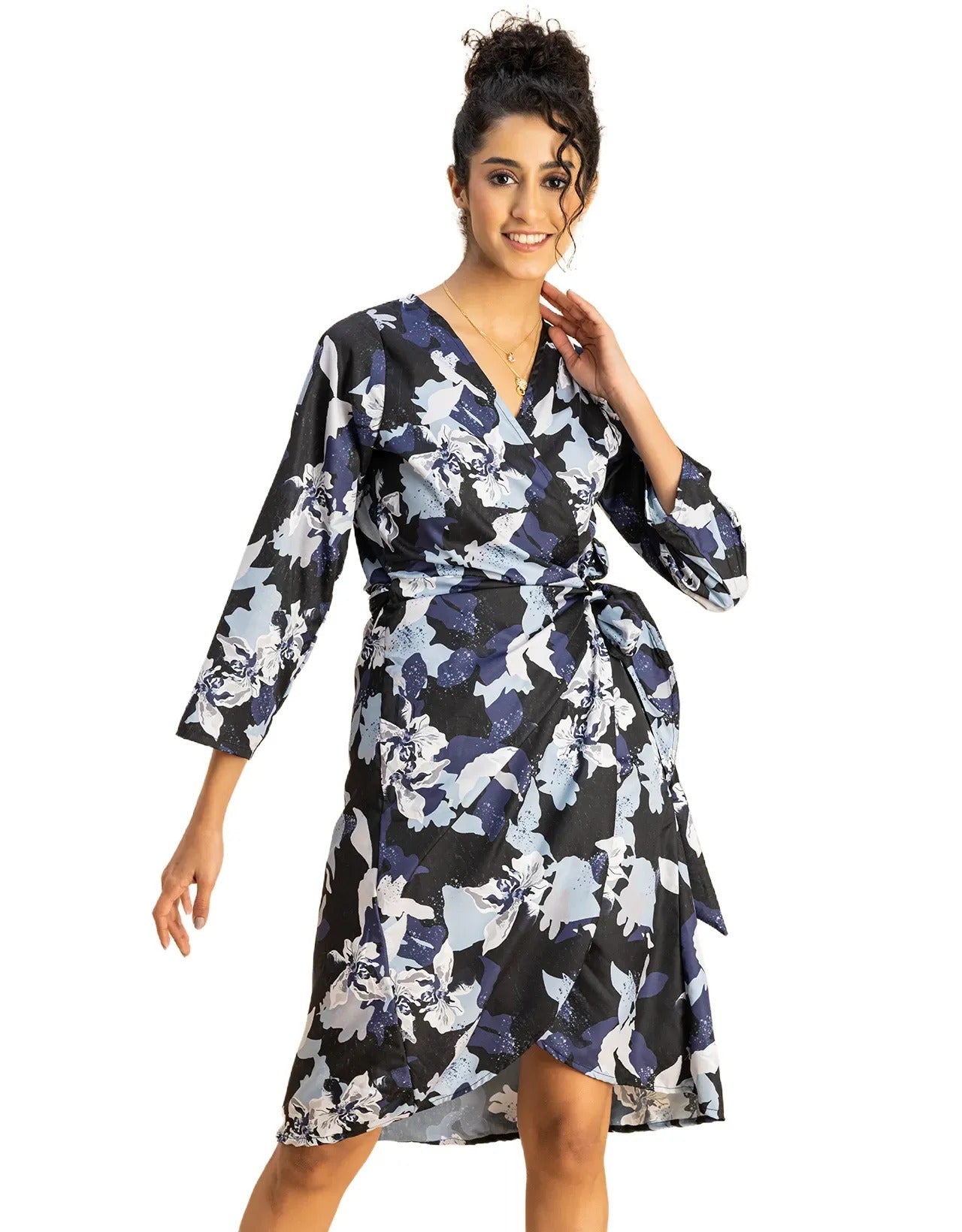 Long Sleeve V Neck Wrap Printed Dress