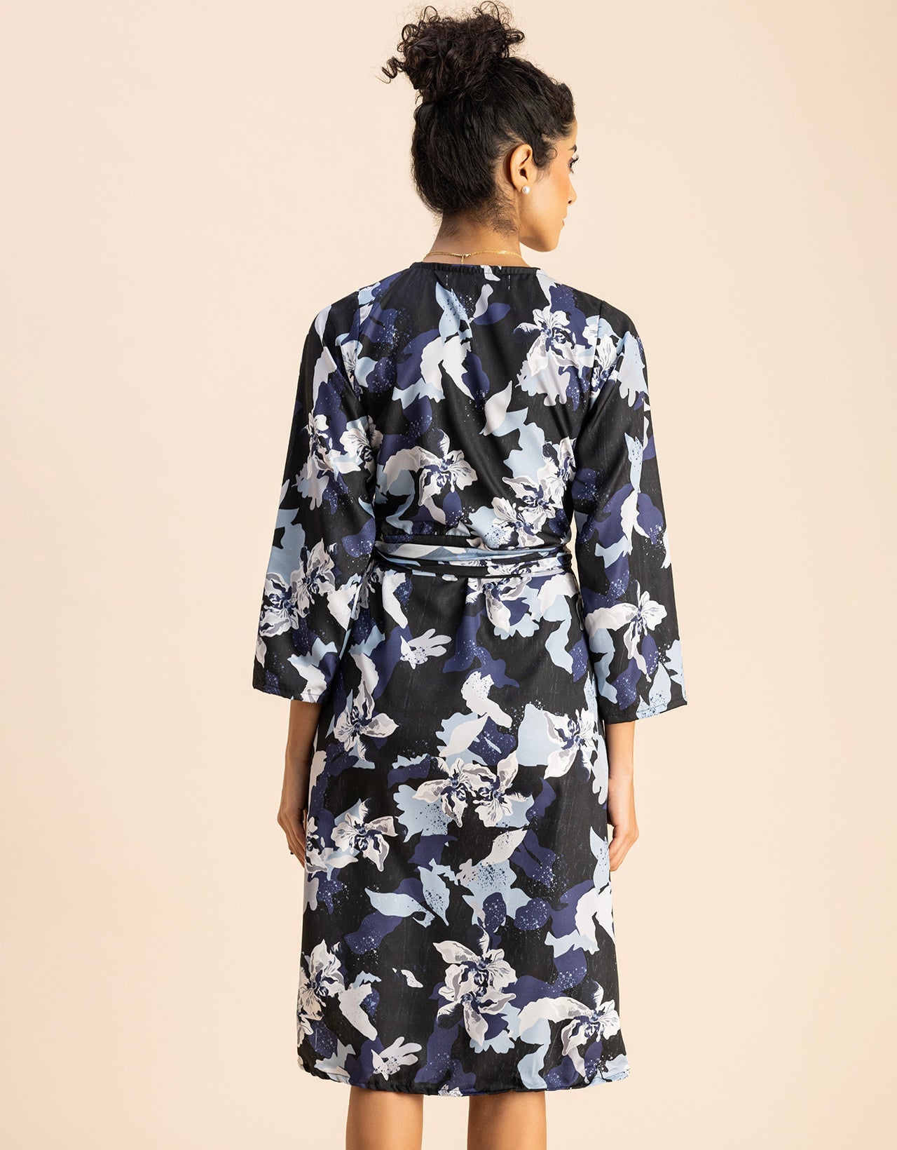 Long Sleeve V Neck Wrap Printed Dress
