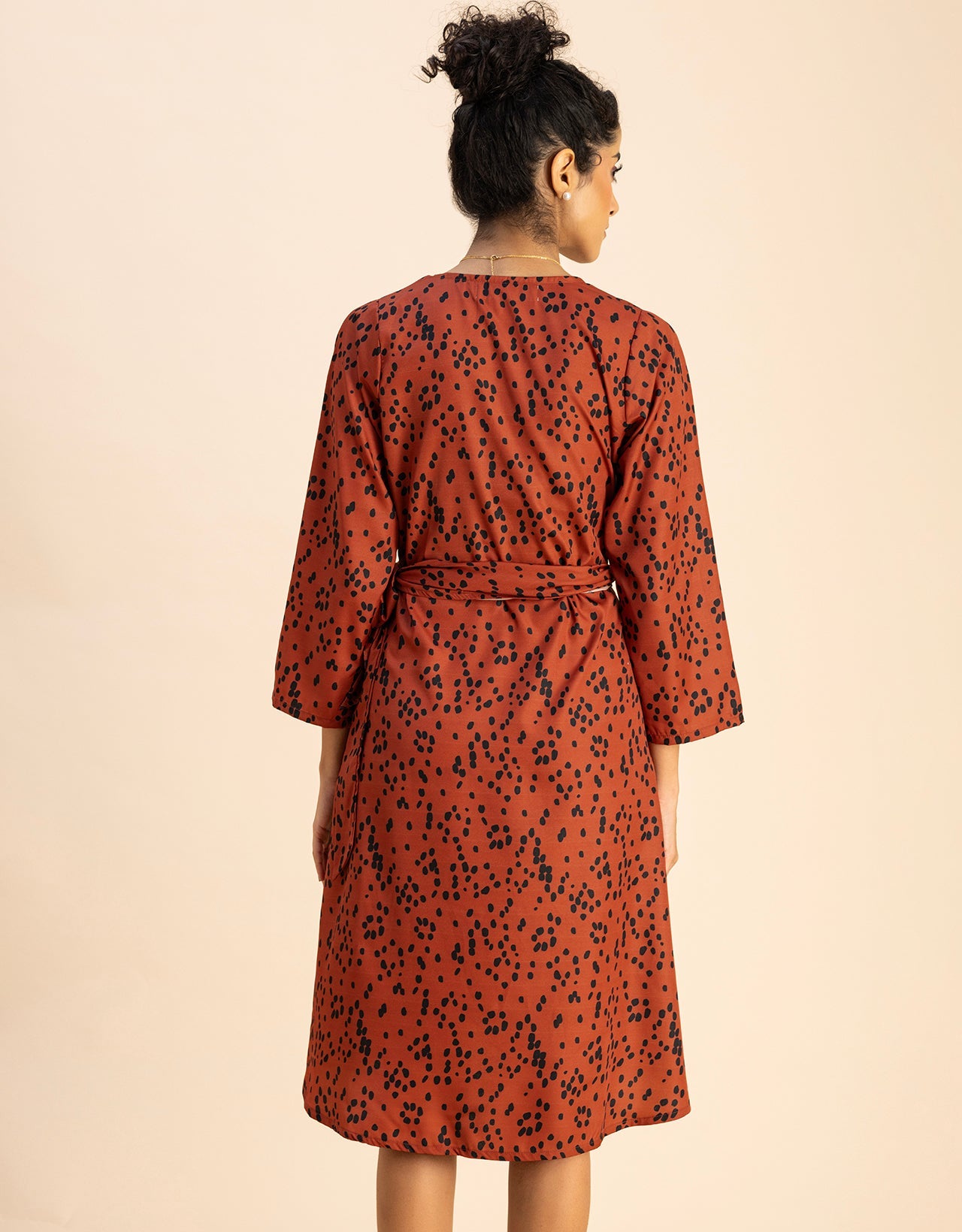 Long Sleeve V Neck Wrap Printed Dress