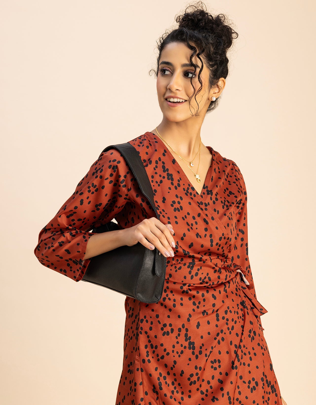 Long Sleeve V Neck Wrap Printed Dress