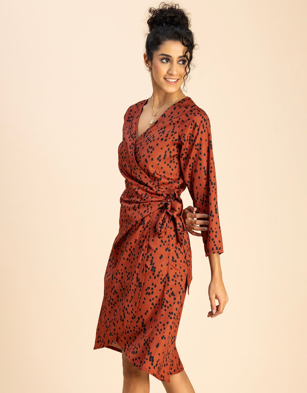 Long Sleeve V Neck Wrap Printed Dress