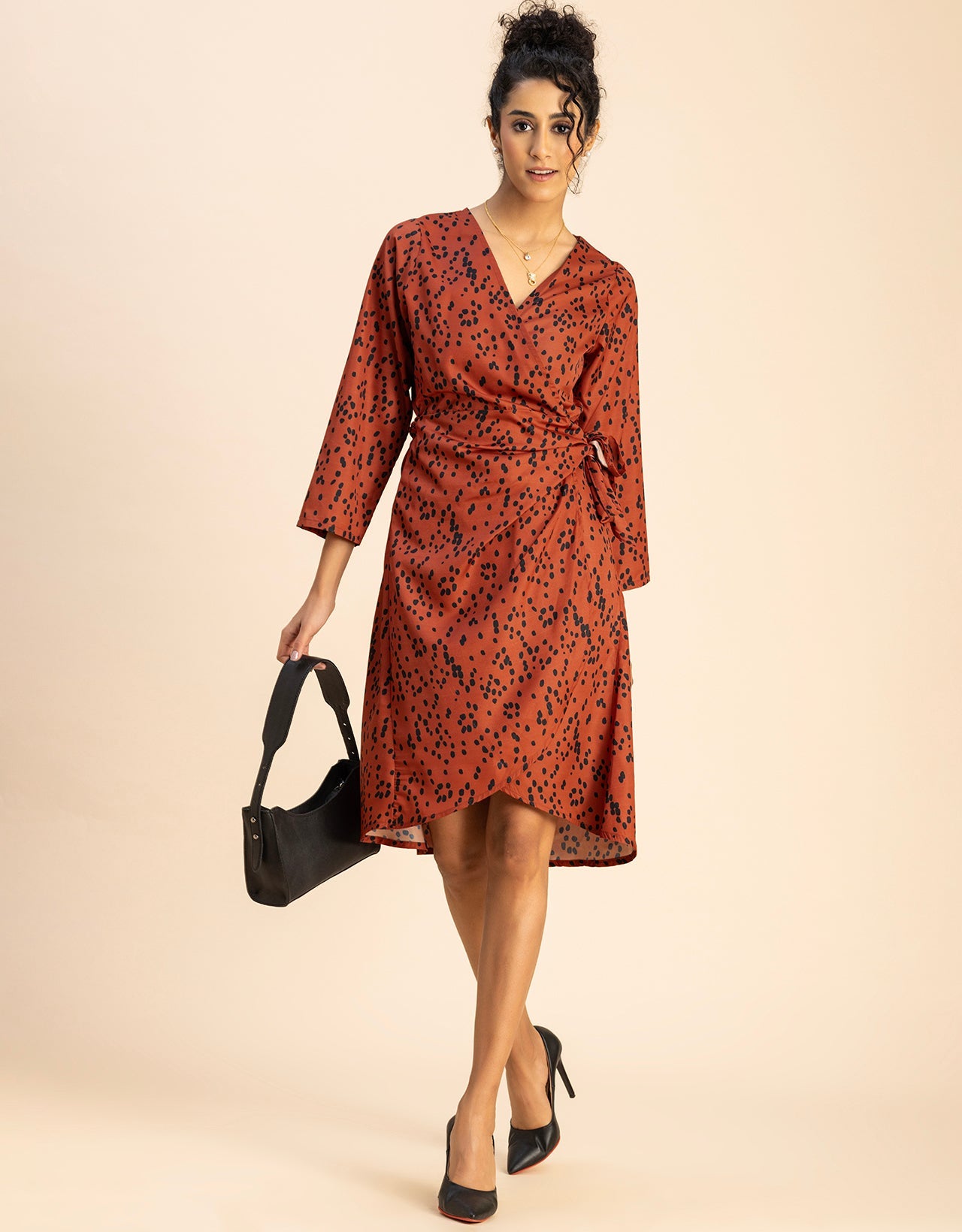Long Sleeve V Neck Wrap Printed Dress