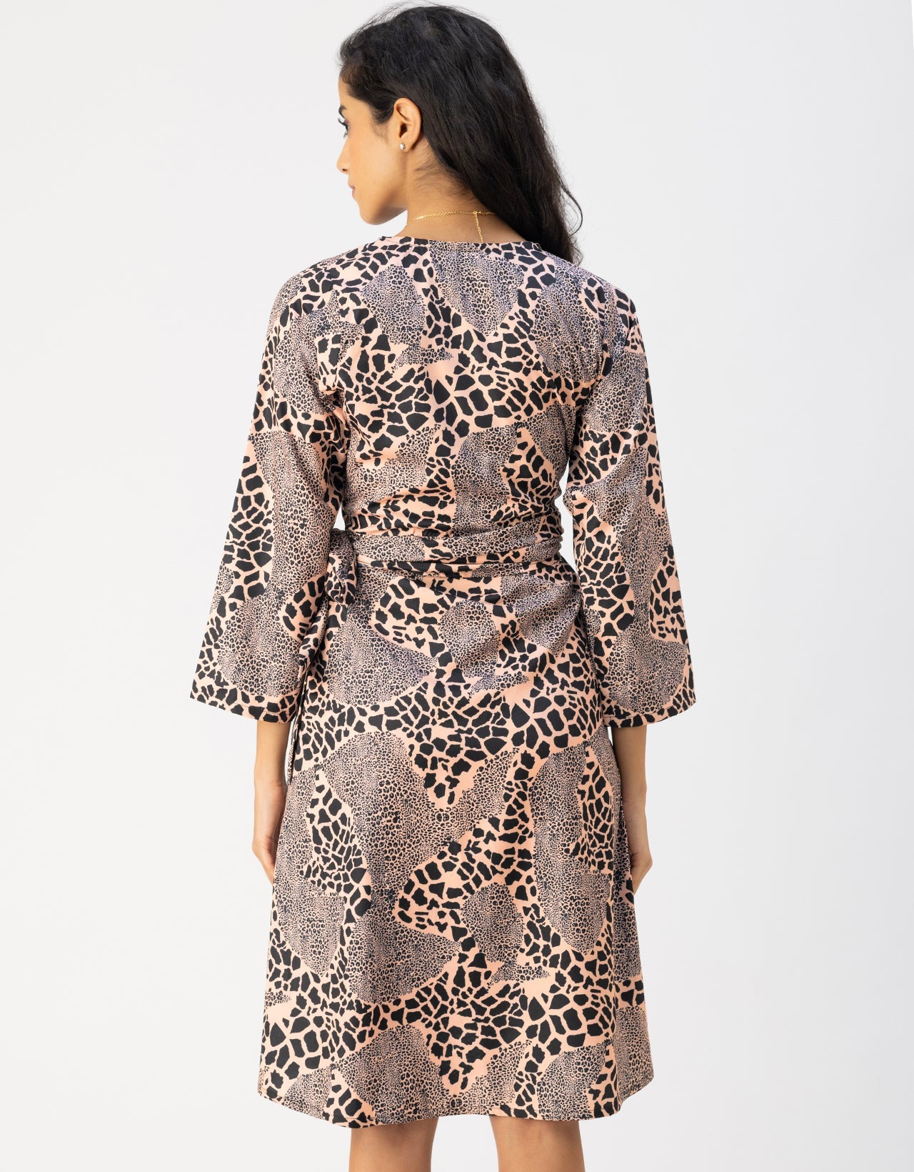Long Sleeve V Neck Wrap Printed Dress