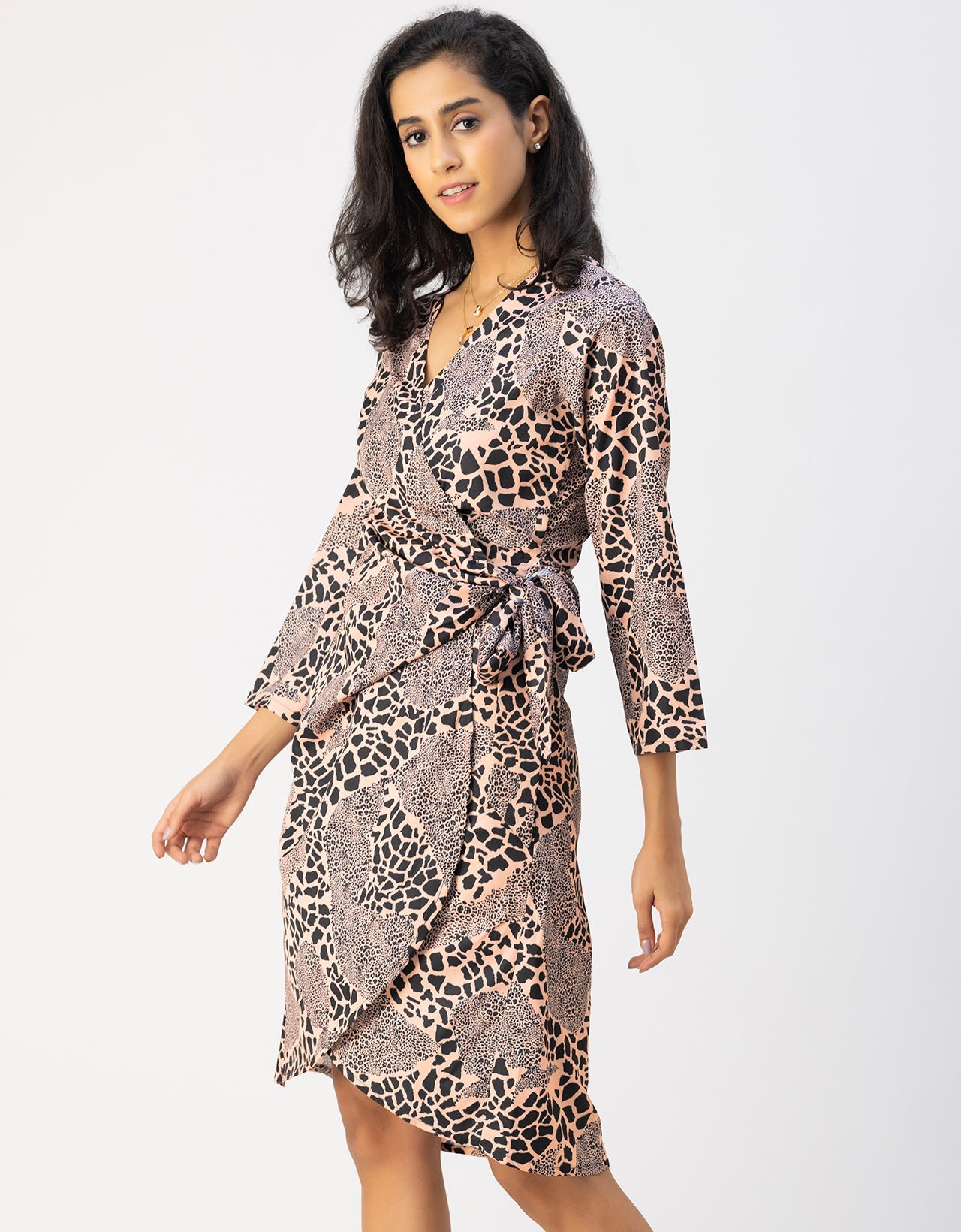 Long Sleeve V Neck Wrap Printed Dress