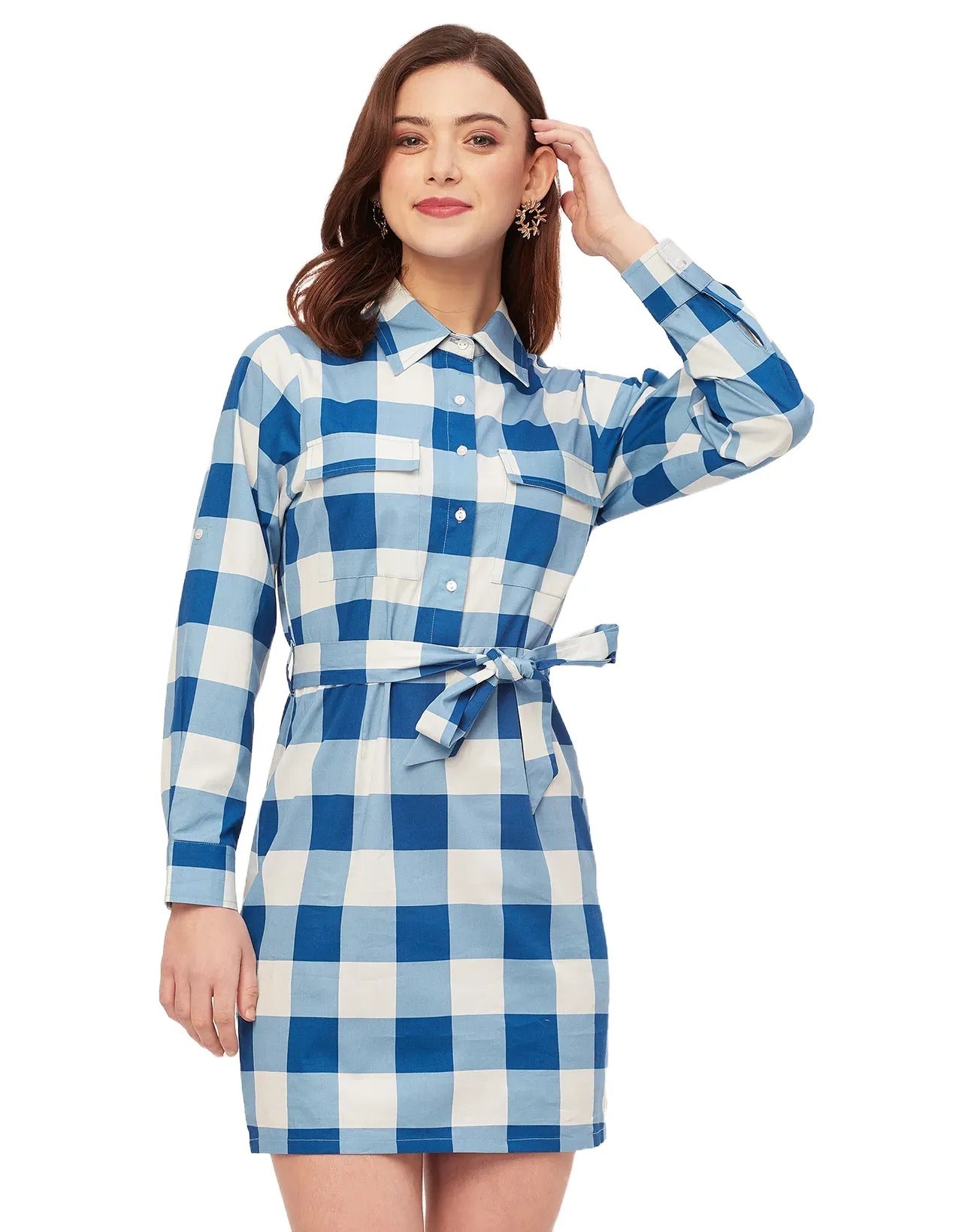 Long Sleeve Spread Collar Shirt Cotton Dress