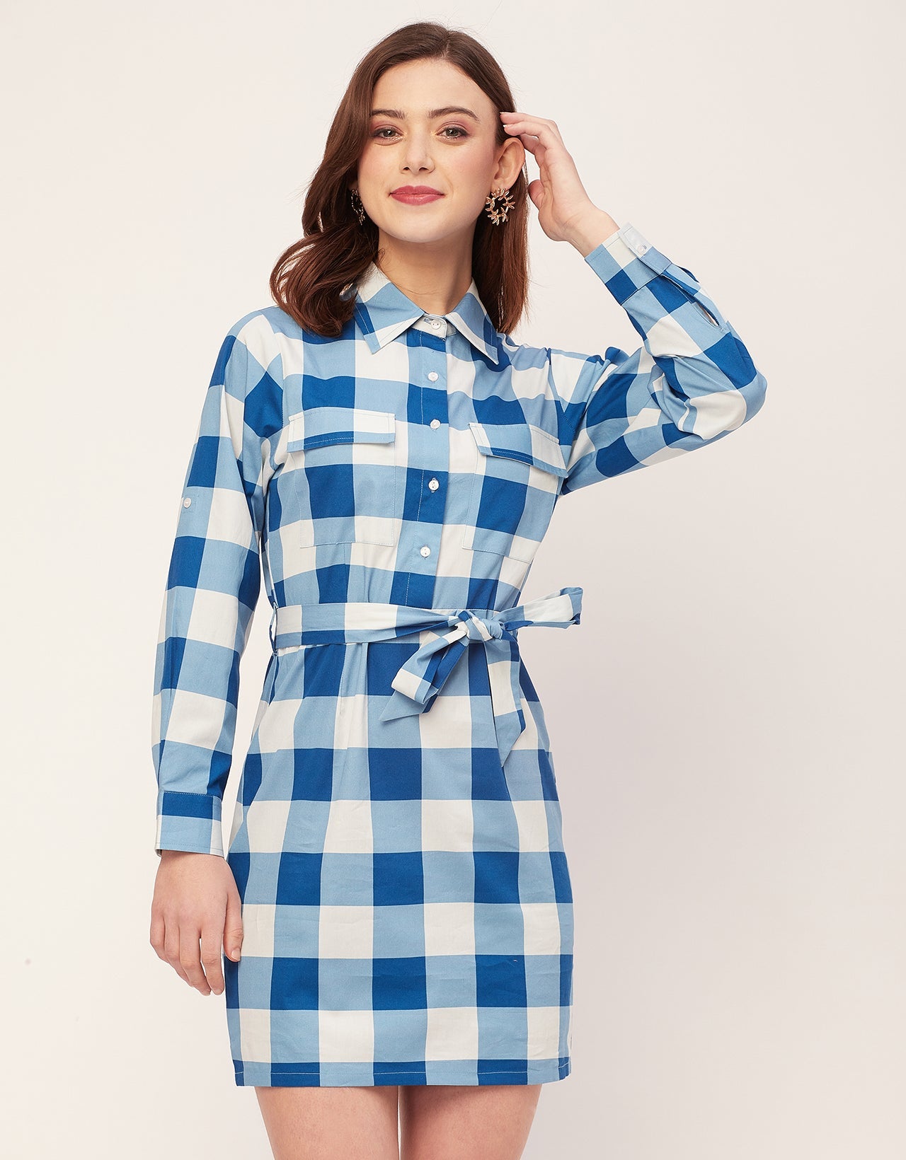 Long Sleeve Spread Collar Shirt Cotton Dress