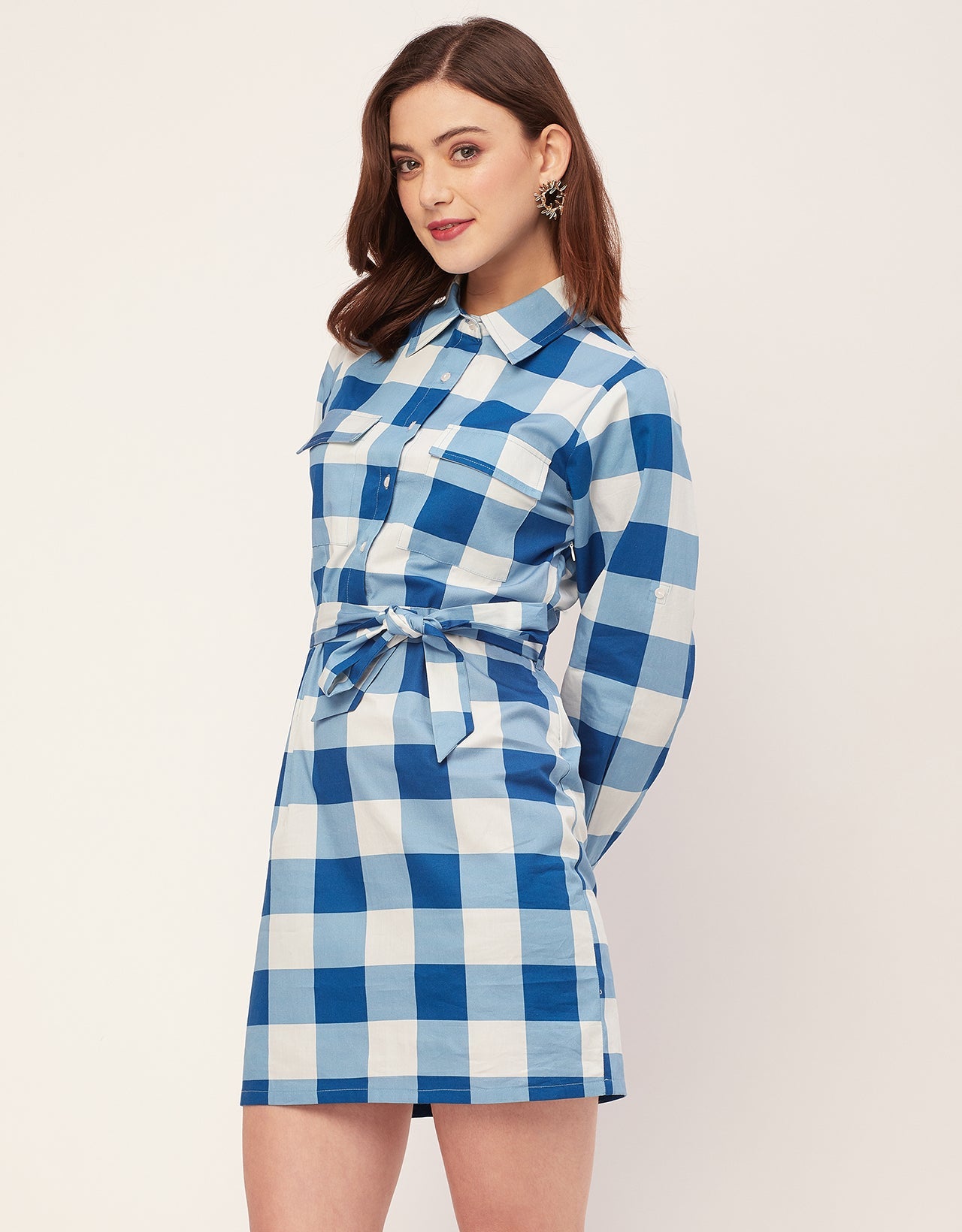 Long Sleeve Spread Collar Shirt Cotton Dress