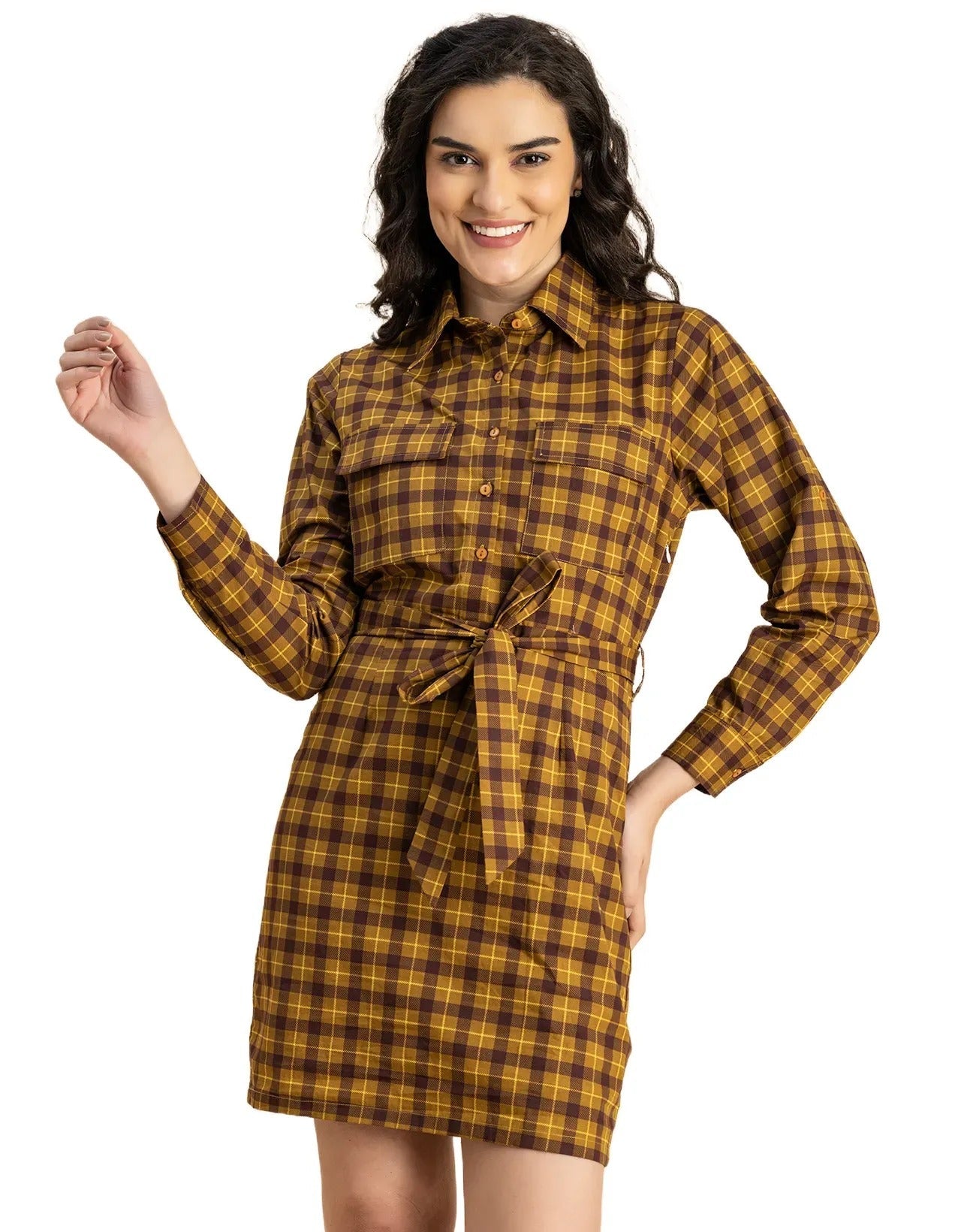Long Sleeve Spread Collar Shirt Cotton Dress