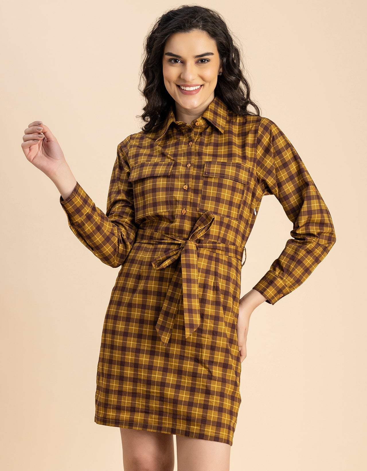 Long Sleeve Spread Collar Shirt Cotton Dress