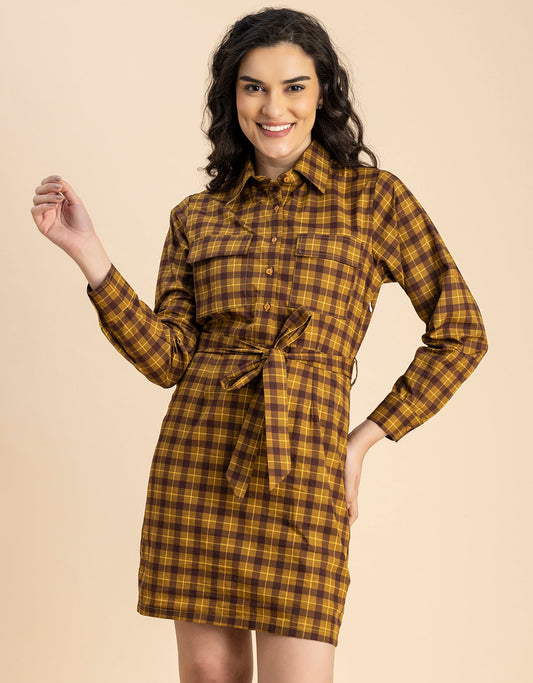 Long Sleeve Spread Collar Shirt Cotton Dress