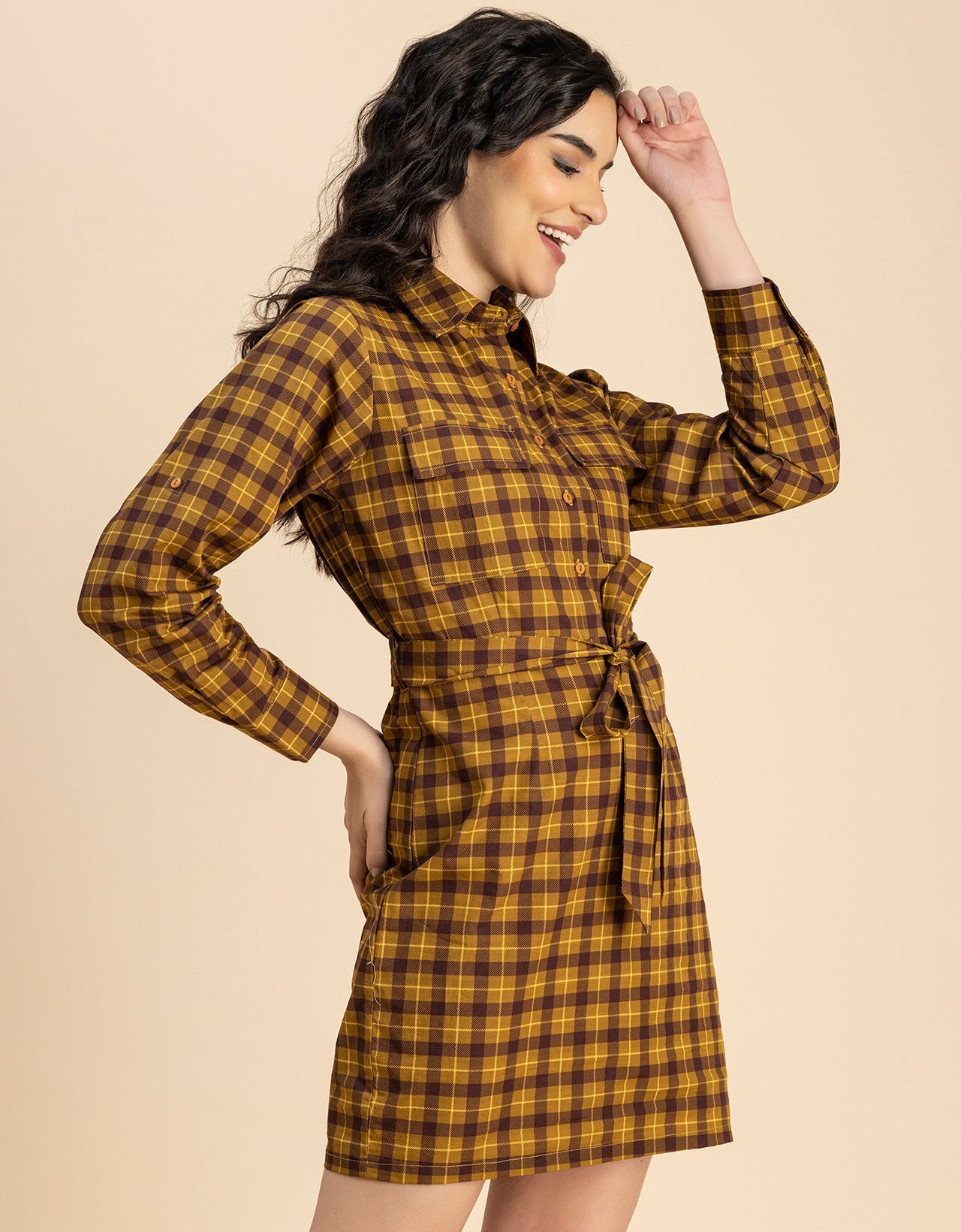 Long Sleeve Spread Collar Shirt Cotton Dress
