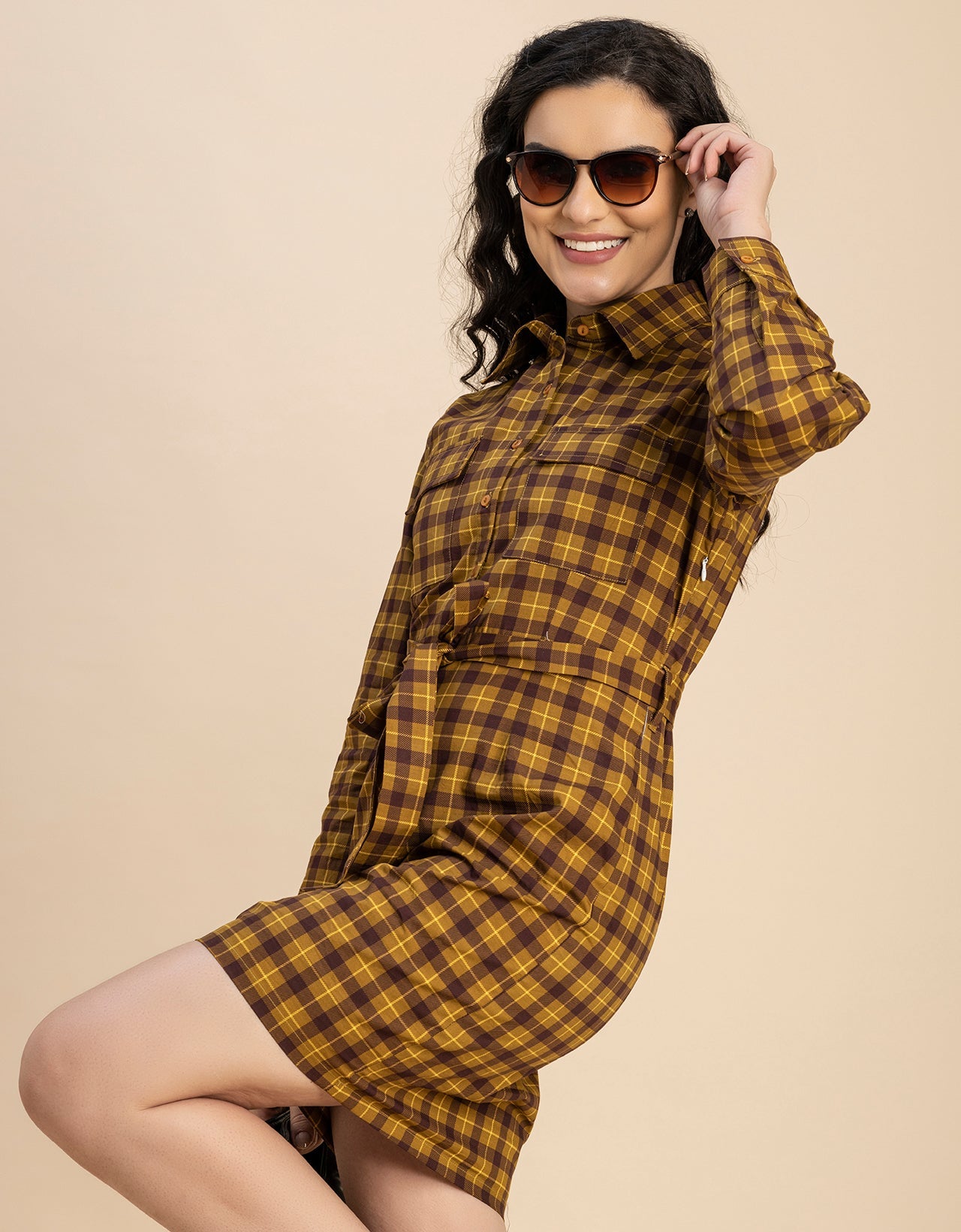 Long Sleeve Spread Collar Shirt Cotton Dress