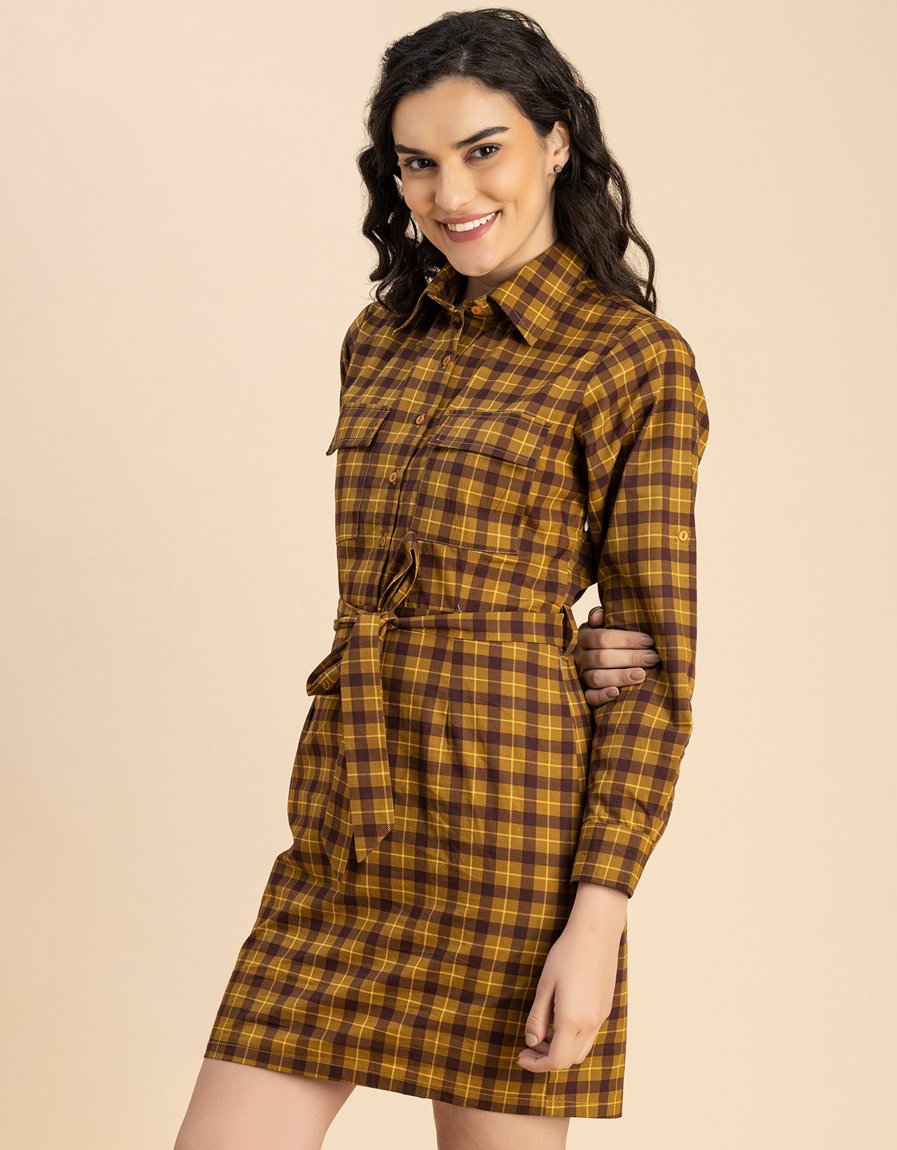 Long Sleeve Spread Collar Shirt Cotton Dress