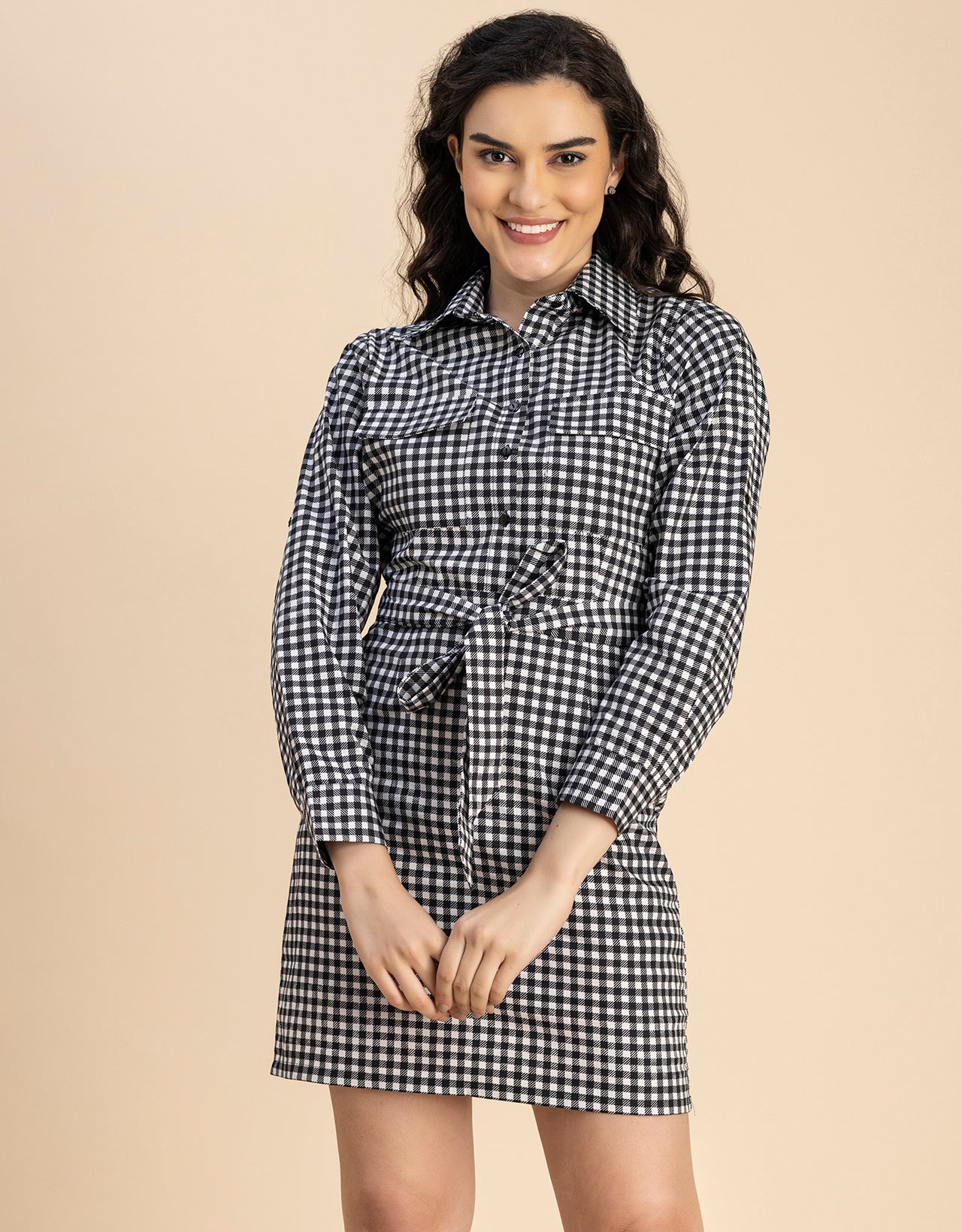 Long Sleeve Spread Collar Shirt Cotton Dress